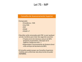 Lei 75 - MP
Conselho de Assessoramento Superior
•Composição:
•Presidência – PGR
•Vice PGR
•PGT
•PGJM
•PGJDF e T
• Reuniões serão convocadas pelo PGR ou por qualquer
um dos membros para tratar dos seguintes assuntos:
• Projetos de lei de interesse comum do MPU
(proposta orçamentária, alteração da lei
orgânica, fixação de vctos...)
•Organização e funcionamento da Diretoria Geral
e dos serviços da Secretaria do MPU
•O Conselho poderá propor aos Conselhos Superiores
medidas para uniformizar atos decorrentes do poder
normativo.
 
