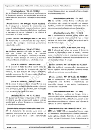 33
Regime Jurídico dos Servidores Públicos Civis da União, das Autarquias e das Fundações Públicas Federais
www.beabadoconcurso.com.brLei 8.112/90 TODOS OS DIREITOS RESERVADOS.
(Analista Judiciário - TRE-AC - FCC 2010)
363 As faltas justificadas decorrentes de caso fortuito ou
de força maior poderão ser compensadas a critério da
chefia imediata, sendo assim consideradas como efetivo
exercício.
(Analista Judiciário - TRT - 8ª Região - PA e AP - FCC 2010)
364 É assegurada a isonomia de vencimentos para
cargos de atribuições iguais ou assemelhadas do mesmo
Poder, ou entre servidores dos três Poderes, ressalvadas
as vantagens de caráter individual e as relativas à
natureza ou ao local de trabalho.
(Analista Judiciário - TRT - 8ª Região - PA e AP - FCC 2010)
365 Vencimento é a remuneração do cargo efetivo,
acrescido das vantagens pecuniárias permanentes
estabelecidas em lei.
(Analista Judiciário - TRE-AC - FCC 2010)
366 Mediante expressa solicitação do servidor, será
pago por ocasião das férias, um adicional
correspondente a um terço da remuneração de férias,
sendo que no caso de cargo em comissão, a respectiva
vantagem não será considerada no cálculo das férias.
(Oficial de Chancelaria - MRE - FCC 2009)
367 O servidor do Poder Executivo federal, titular de
cargo efetivo, à exceção dos ocupantes de cargo em
comissão, ou que estejam em estágio probatório,
poderão ausentar-se do País para missão oficial por
autorização do Poder Legislativo.
(Oficial de Chancelaria - MRE - FCC 2009)
368 O período de afastamento do servidor federal para
missão ou estudo no Exterior não excederá a 4 (quatro)
anos, prorrogável, desde que imediato, sem interrupção
e por um período de mais 2 (dois) anos.
(Analista Judiciário - TRE-AC - FCC 2010)
369 Quanto aos direitos e vantagens do servidor público
civil é certo que, não será concedida ajuda de custo ao
servidor que se afastar do cargo, ou reassumi-lo, em
virtude de mandato eletivo.
(Analista de Tecnologia da Informação - UFPR 2010)
370 O afastamento de servidor para servir em
organismo internacional de que o Brasil participe ou
com o qual coopere dar-se- á com a remuneração
integral do cargo, desde que aprovada oficialmente pelo
Presidente da República.
(Oficial de Chancelaria - MRE - FCC 2009)
371 Ao servidor público federal beneficiado com
afastamento para estudo no exterior, em qualquer
hipótese, poderá ser concedida exoneração antes de
decorrido período igual ao do referido afastamento.
(Oficial de Chancelaria - MRE - FCC 2009)
372 O afastamento de servidor público federal, para
servir em organismo internacional de que o Brasil
participe ou com o qual coopere, dar-se-á com perda
total da remuneração.
(Escrivão de Polícia - PC-ES - CESPE/UnB 2011)
373 O adicional por tempo de serviço é direito do
servidor da administração direta e indireta, calculado
sobre o vencimento básico do cargo ou emprego no qual
esteja efetivamente investido, pelo simples decurso de
um prazo de prestação de serviço.
(Técnico Judiciário - TRT - 12ª Região - SC - FCC 2010)
374 Cabe pedido de reconsideração à autoridade que
houver expedido o ato ou proferido a primeira decisão,
podendo ser renovado por uma única vez.
(Técnico Judiciário - TRT - 12ª Região - SC - FCC 2010)
375 O requerimento será dirigido à autoridade
competente para decidi-lo e encaminhado por
intermédio daquela a que estiver imediatamente
subordinado o requerente.
(Oficial de Chancelaria - MRE - FCC 2009)
376 As hipóteses, condições de tempo, forma e
remuneração previstas na lei que dispõe sobre o regime
jurídico único do servidor público federal, aplicam-se por
extensão aos servidores do judiciário, dos Tribunais de
Contas e da carreira diplomática.
(Analista Judiciário - TRT - 1ª REGIÃO - RJ - FCC 2011)
377 A Lei n° 8.112/1990, em seu capítulo V, seção I, trata
do afastamento do servidor público federal para servir a
outro órgão ou entidade. O servidor do poder executivo
poderá ter exercício em outro órgão da Administração
 