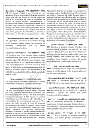 62
Regime Jurídico dos Servidores Públicos Civis da União, das Autarquias e das Fundações Públicas Federais
www.beabadoconcurso.com.brLei 8.112/90 TODOS OS DIREITOS RESERVADOS.
(Especialista em Regulação - ANP - CESGRANRIO - 2008)
772 Um servidor, lotado e em exercício em um
laboratório de uma universidade federal, por descuido,
deixou uma sala, que deveria ser restrita, exposta ao
público. O funcionário da empresa prestadora de
serviços de limpeza efetuou, equivocadamente, o
recolhimento de material radioativo naquela sala, tendo
recebido carga radioativa considerável. Percebido o
problema, ele restou como o único prejudicado, sem ter
concorrido para o dano. No caso, a responsabilidade civil
pelos danos, por parte da universidade, é existente e
independente da culpa do servidor que cometeu a falta.
(Técnico Administrativo - ANAC - CESPE/UnB - 2009)
773 É permitida a acumulação de vencimento de cargo
ou de emprego público efetivo com proventos de
inatividade, considerando que não haverá
incompatibilidade de horários.
(Analista de Controle Externo - TCU -CESPE/UnB - 2009)
774 Considere que Pedro, servidor público estadual
aposentado desde 1997, receba, já que preenchidos os
requisitos legais, R$ 8.000,00 de proventos pelo cargo
efetivo de médico e R$ 3.000,00 de proventos pelo
cargo efetivo de professor. Considere, ainda, que, desde
janeiro de 2009, Pedro tenha passado a ocupar cargo em
comissão no âmbito federal, com remuneração de R$
8.000,00. Nessa situação hipotética, não há acumulação
ilegal de cargos.
(Técnico Judiciário-TRT - ES-CESPE/UnB-2009)
775 A aplicação de penalidade criminal exclui a sanção
administrativa pelo mesmo fato objeto de apuração.
(Analista Judiciário-TRT- ES-CESPE/UnB- 2009)
776 João, servidor público da União, exercia função de
gestão dos contratos administrativos celebrados com
fornecedores de bens e serviços a TRT de cujos quadros
funcionais era integrante. O TCU, movido por denúncia
anônima, promoveu a fiscalização sobre a legalidade e a
economicidade dos contratos celebrados com o TRT e
apurou que João era sócio de uma das empresas
contratadas para prestação de serviços, muito embora
não exercesse a sua administração ou gerência. Após
regular tramitação do processo administrativo
disciplinar, ao servidor foi aplicada a sanção de demissão
pelo fato de ser sócio de uma empresa privada, o que,
segundo afirmação constante do relatório conclusivo do
processo, era vedado pelo Estatuto dos Servidores
Públicos Civis da União. Irresignado, o servidor demitido
conseguiu anular a decisão demissional e foi reintegrado
aos quadros funcionais da União. Tempos depois, o
superior hierárquico de João abriu novo procedimento
administrativo com o objetivo de declarar a nulidade da
reintegração por não ter ocorrido a posse do servidor
quando de seu retorno ao cargo. De acordo com as
informações contidas no texto acima e com base no
regime jurídico dos servidores públicos civis da União e
nas regras a respeito do controle da administração
pública, julgue o item subsequente. A demissão de João
foi aplicada de forma correta, porque o referido estatuto
proíbe que os servidores sejam sócios de empresas
privadas, independentemente de exercerem ou não a
gerência ou administração da sociedade.
(Analista Judiciário - STJ - CESPE/UnB - 2008)
777 Considere a seguinte situação hipotética. Um
servidor público foi punido, em maio de 1999, com
suspensão de quinze dias, em decorrência de processo
administrativo disciplinar, e, desde então, esteve em
efetivo exercício sem incorrer em nova infração
disciplinar. Nessa situação, o registro da punição
aplicada deverá ser cancelado pela administração.
(Juiz - TRT - 21ª Região - RN - 2010)
778 A acumulação ilícita de cargos cessa imediatamente
quando o servidor público obtém a aposentadoria em
um dos cargos que ocupava.
(Técnico Judiciário - TRT - 9ª REGIÃO - PR - FCC - 2010)
779 Dentre as penalidades previstas na Lei nº
8.112/1990, não se inclui a aposentadoria compulsória.
(Agente Administrativo - DPU - CESPE/UnB - 2010)
780 Nos termos da Lei n.º 8.112/1990, a pena de
demissão é aplicada ao servidor que aplicar
irregularmente dinheiro público.
(Juiz - TRT - 9ª REGIÃO - PR - MS CONCURSOS - 2009)
781 São penalidades disciplinares: a advertência, a
suspensão, a demissão, a cassação de aposentadoria ou
disponibilidade, a destituição de cargo em comissão e a
destituição de função comissionada.
(Analista Judiciário - TRT - 7ª Região - CE - FCC - 2009)
782 "X", Técnico Judiciário do Tribunal Regional do
Trabalho, após regular processo administrativo pela
 