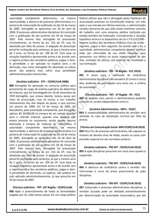 71
Regime Jurídico dos Servidores Públicos Civis da União, das Autarquias e das Fundações Públicas Federais
www.beabadoconcurso.com.brLei 8.112/90 TODOS OS DIREITOS RESERVADOS.
autoridade competente determinou, na mesma
oportunidade, a abertura de processo administrativo e a
portaria de instauração foi publicada no dia 16 de março
de 2005. Astrogildo se aposentou em 24 de abril de
2004. O processo administrativo disciplinar foi concluído
com a publicação do ato punitivo em 20 de março de
2007. Pelo mesmo fato, Astrogildo foi processado
criminalmente, na forma do art. 315 do CP, mas foi
absolvido por falta de provas. A alegação de prescrição
penal foi rechaçada pela sentença, já que a mesma seria
de 2 anos, na forma do art. 109 do CP. Com base na
situação hipotética apresentada acima e de acordo com
o regime jurídico dos servidores públicos, julgue o item.
A penalidade a ser aplicada na espécie seria a de
demissão, mas como Astrogildo foi absolvido na esfera
penal, não poderia mais sofrer essa penalidade
administrativa pelo mesmo fato.
(Analista Judiciário - STF – CESPE/UnB 2008)
889 Astrogildo foi aprovado no concurso público para
provimento de cargo de analista judiciário de determina
do tribunal, que foi homologado em 24 de novembro de
1997.Astrogildo, que estava doente, tomou posse por
meio de procuração, mas só iniciou o seu trabalho
efetivamente dez dias depois da posse, o que ocorreu
em janeiro de 1998. Em 14 de março de 2005, foi
descoberto, pela autoridade competente, que Astrogildo
aplicou R$ 30.000,00 na compra de um veículo popular
para o referido tribunal, quando essa despesa não
estava prevista no orçamento, sendo aquele recurso
destinado à compra de material de informática. A
autoridade competente determinou, na mesma
oportunidade, a abertura de processo administrativo e a
portaria de instauração foi publicada no dia 16 de março
de 2005. Astrogildo se aposentou em 24 de abril de
2004. O processo administrativo disciplinar foi concluído
com a publicação do ato punitivo em 20 de março de
2007. Pelo mesmo fato, Astrogildo foi processado
criminalmente, na forma do art. 315 do CP, mas foi
absolvido por falta de provas. A alegação de prescrição
penal foi rechaçada pela sentença, já que a mesma seria
de 2 anos, na forma do art. 109 do CP. Com base na
situação hipotética apresentada acima e de acordo com
o regime jurídico dos servidores públicos, julgue o item.
A penalidade de demissão, na espécie, não poderia ter
sido aplicada administrativamente, já que prescrita em
20 de março de 2007.
(Técnico Judiciário - TRT- 16º Região - CESPE/UnB)
890 Após o preenchimento de todas as formalidades
exigidas por lei, João tomou posse em um cargo público
federal efetivo que não é abrangido pelas hipóteses de
acumulação previstas na Constituição Federal. Um mês
após a sua entrada em efetivo exercício, a administração
recebeu denúncia de que João ainda mantinha contrato
de trabalho com uma empresa pública instituída por
estado-membro da Federação. Considerando a situação
hipotética acima e os dispositivos da Lei n.º 8.112/1990 -
Regime Jurídico dos Servidores Públicos Civis da União -
vigentes, julgue o item seguinte. De acordo com a lei, a
autoridade administrativa competente deverá notificar
João, por intermédio de sua chefia imediata, para
apresentar sua defesa no prazo improrrogável de dez
dias, contados da ciência, sob pena de ser invalidada a
sua nomeação.
(Analista Judiciário - TRF - 4ª Região - FCC 2010)
891 O prazo para a conclusão da sindicância
administrativa disciplinar não excederá 25 (vinte e cinco)
dias, podendo ser prorrogado uma única vez, a critério
da autoridade.
(Técnico Judiciário - TRT - 6ª Região - PE - FCC)
892 As sanções civis, penais e administrativas poderão
cumular-se, sendo independentes entre si.
(Analista Administrativo - MPU - ESAF)
893 A responsabilidade administrativa do servidor será
afastada no caso de absolvição criminal por falta de
provas.
(Técnico em Comunicação Social- MPS-CESPE/UnB 2010)
894 Para fins de processo administrativo, são capazes os
maiores de dezoito anos de idade, exceto os casos com
previsão especial em ato normativo próprio.
(Analista Judiciário - TRE-MT - CESPE/UnB 2010)
895 A ação disciplinar prescreve em cinco anos quanto à
suspensão.
(Analista Judiciário - TRE-MT - CESPE/UnB 2010)
896 A abertura de sindicância contra o servidor não
interrompe o curso do prazo prescricional da ação
disciplinar.
(Analista Judiciário - TRE-MT - CESPE/UnB 2010)
897 Instaurado o processo administrativo disciplinar, o
servidor acusado pode ser afastado preventivamente
por determinação da autoridade instauradora, por até
 