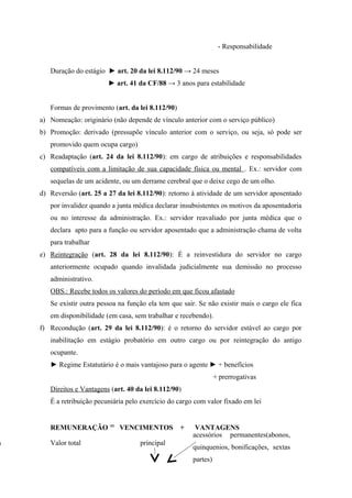 - Responsabilidade
Duração do estágio ► art. 20 da lei 8.112/90 → 24 meses
► art. 41 da CF/88 → 3 anos para estabilidade
Formas de provimento (art. da lei 8.112/90)
a) Nomeação: originário (não depende de vínculo anterior com o serviço público)
b) Promoção: derivado (pressupõe vínculo anterior com o serviço, ou seja, só pode ser
promovido quem ocupa cargo)
c) Readaptação (art. 24 da lei 8.112/90): em cargo de atribuições e responsabilidades
compatíveis com a limitação de sua capacidade física ou mental . Ex.: servidor com
sequelas de um acidente, ou um derrame cerebral que o deixe cego de um olho.
d) Reversão (art. 25 a 27 da lei 8.112/90): retorno à atividade de um servidor aposentado
por invalidez quando a junta médica declarar insubsistentes os motivos da aposentadoria
ou no interesse da administração. Ex.: servidor reavaliado por junta médica que o
declara apto para a função ou servidor aposentado que a administração chama de volta
para trabalhar
e) Reintegração (art. 28 da lei 8.112/90): É a reinvestidura do servidor no cargo
anteriormente ocupado quando invalidada judicialmente sua demissão no processo
administrativo.
OBS.: Recebe todos os valores do período em que ficou afastado
Se existir outra pessoa na função ela tem que sair. Se não existir mais o cargo ele fica
em disponibilidade (em casa, sem trabalhar e recebendo).
f) Recondução (art. 29 da lei 8.112/90): é o retorno do servidor estável ao cargo por
inabilitação em estágio probatório em outro cargo ou por reintegração do antigo
ocupante.
► Regime Estatutário é o mais vantajoso para o agente ► + benefícios
+ prerrogativas
Direitos e Vantagens (art. 40 da lei 8.112/90)
É a retribuição pecuniária pelo exercício do cargo com valor fixado em lei
REMUNERAÇÃO VENCIMENTOS + VANTAGENS
a Valor total principal
acessórios permanentes(abonos,
quinquenios, bonificações, sextas
partes)
 