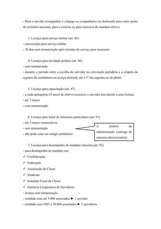 - Para o servido acompanhar o cônjuge ou companheiro (a) deslocado para outro ponto
do território nacional, para o exterior ou para exercício de mandato eletivo.
3. Licença para serviço militar (art. 85)
- convocação para serviço militar
- 30 dias sem remuneração após término do serviço para reassumir
4. Licença para atividade política (art. 86)
- sem remuneração
- durante o período entre a escolha do servidor na convenção partidária e a véspera do
registro da candidatura na justiça eleitoral, até o 1º dia seguinte ao do pleito.
5. Licença para capacitação (art. 87)
- a cada quinquênio (5 anos) de efetivo exercício o servidor tem direito a uma licença
- até 3 meses
- com remuneração
6. Licença para tratar de interesses particulares (art. 91)
- até 3 meses consecutivos
- sem remuneração
- não pode estar em estágio probatório
7. Licença para desempenho de mandato classista (art. 92)
- para desempenho de mandato em:
 Confederação
 Federação
 Associação de Classe
 Sindicato
 Entidade Fiscal de Classe
 Gerência Cooperativa de Servidores
- licença sem remuneração
- entidade com até 5.000 associados ► 1 servidor
- entidade com 5001 a 30.000 associados ► 2 servidores
A critério da
administração (outorga de
natureza discricionária)
 