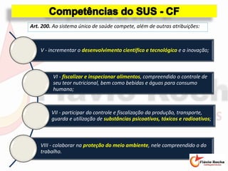 V - incrementar o desenvolvimento científico e tecnológico e a inovação;
VI - fiscalizar e inspecionar alimentos, compreendido o controle de
seu teor nutricional, bem como bebidas e águas para consumo
humano;
VII - participar do controle e fiscalização da produção, transporte,
guarda e utilização de substâncias psicoativos, tóxicos e radioativos;
VIII - colaborar na proteção do meio ambiente, nele compreendido o do
trabalho.
Art. 200. Ao sistema único de saúde compete, além de outras atribuições:
 