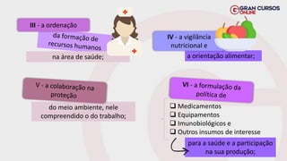 III - a ordenação
na área de saúde; a orientação alimentar;
IV - a vigilância
nutricional e
do meio ambiente, nele
compreendido o do trabalho;
❑ Medicamentos
❑ Equipamentos
❑ Imunobiológicos e
❑ Outros insumos de interesse
para a saúde e a participação
na sua produção;
 