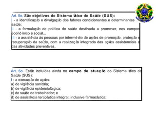 Art. 5o. São objetivos do Sistema Ú      nico de Saúde (SUS):
I - a identificaç ã e divulgaç ã dos fatores condicionantes e determinantes da
                   o            o
saú  de;
II - a formulaç ã de política de saú destinada a promover, nos campos
                   o                    de
econô mico e social...
III - a assistência às pessoas por intermé dio de aç õ de promoç ã proteç ã e
                                                      es          o,       o
recuperaç ã da saú
             o         de, com a realizaç ã integrada das aç õ assistenciais e
                                           o                  es
das atividades preventivas.




Art. 6o. Estã incluídas ainda no campo de atuaç ão do Sistema Ú
              o                                                  nico de
Saú (SUS):
     de
I - a execuç ã de aç õ
              o        es:
a) de vigilâ
           ncia sanitária;
b) de vigilâ
           ncia epidemioló gica;
c) de saú do trabalhador; e
          de
d) de assistência terapê utica integral, inclusive farmacêutica;
 
