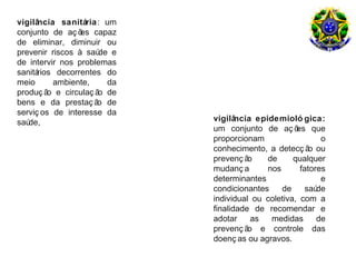 vigilância sanitária: um
conjunto de aç õ capaz
                 es
de eliminar, diminuir ou
prevenir riscos à saú e
                     de
de intervir nos problemas
sanitários decorrentes do
meio       ambiente,   da
produç ã e circulaç ã de
         o           o
bens e da prestaç ã de
                     o
serviç os de interesse da
saúde,                      vigilâ ncia epidemioló gica:
                            um conjunto de aç õ    es que
                            proporcionam                  o
                            conhecimento, a detecç ã ouo
                            prevenç ã o    de     qualquer
                            mudanç a       nos      fatores
                            determinantes                 e
                            condicionantes     de     saúde
                            individual ou coletiva, com a
                            finalidade de recomendar e
                            adotar     as   medidas      de
                            prevenç ã e controle das
                                      o
                            doenç as ou agravos.
 