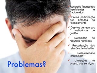 Recursos financeiros
              insuficientes      e
              fracionados
              Pouca participação
              dos    Estados   no
              financiamento
              Desvios de recursos
              /   ineficiência  de
              gestão
                    Deficiência  de
                 recursos humanos
              Precarização das
              relações de trabalho
                       Resolutividade
                 insuficiente
                   Limitações     no

Problemas?       acesso aos serviços
 