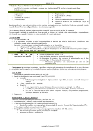 LEI 8112/90
Anotações feitas em 2/2009
Sindicância / Processo Administrativo Disciplinar
 Art. 143: a lei tem o dever/obrigação a instaurar uma sindicância ou PAD se observar uma irregularidade.
 Poderá resultar em
Sindicância PAD
 Arquivamento
 Advertência
 Até 30 dias de suspensão
 Abertura de PAD
 Arquivamento
 Suspensão de 31 a 90 dias
 Demissão
 Cassação de aposentadoria ou disponibilidade
 Destituição do Cargo em comissão ou Função de
confiança.
Quando eu não sei o que está ocorrendo e preciso averiguar a situação, abre-se a sindicância. Ela é uma penalidade branda,
onde não demite.Observam-se 2 penalidades, a advertência e a suspensão.
O PAD pode ser aberto de imediato se for erro conhecido e pode haver um total de 90 dias de suspensão.
O termo acusado é utilizado na ampla defesa. Observa-se que na Abertura do PAD não existe a amplo-defesa e o contraditório,
pois ele ainda não é acusado! Em todos os outros resultados ele poderá se defender.
Conceito de PAD
 Art. 148, da lei 8112/90.
 É o instrumento destinado a apurar responsabilidade de servidor por infração praticada no exercício de suas
atribuições, ou que tenha relação com as atribuições.
 Perquirir = investigar, apurar em inquérito administrativo no serviço publico.
o Infração penal = Inquérito policial → pode influenciar no inquérito administrativo.
o OBS: Se o servidor cometeu homicídio, fica na Mao do juiz se ele volta ou não para o serviço após cumprir a
pena. (não tem nome, não é provimento!)
Sindicância PAD
 Prazo de 30 dias
prorrogável por mais 30.
 Presunção de inocência durante o PAD.
 Prazo de 60 dias, podendo ser prorrogado por 60 dias.
 O afastamento do servidor, fica a critério da administração por 60 dias
prorrogável por 60 dias, recebendo remuneração.
o Afastamento preventivo: com remuneração por não ter sido
condenado ainda.
Estrutura do PAD: comissão formada por 3 servidores estáveis, onde o presidente da comissão tem de ter nível (do cargo
ou escolaridade) igual ou superior do investigado. Exemplo: analista julgado por técnico, mas ambos possuem terceiro grau.
Fases do PAD:
1. Instauração da comissão com sua publicação em DOU.
2. Inquérito administrativo que compreende: (Art. 153, lei 8112/90)
a. Instrução
i. Colheita de provas / diligência = depois que tiver o que falar, eu chamo o acusado para que se
defenda.
b. Defesa = quando se abre a acusação.
c. Relatório
i. É uma peça opinativa, resumo/síntese dos fatos que ocorreram na instrução e na defesa.
ii. Art. 154: se os autos/ documento da sindicância será anexada ao PAD, SE houver sindicância.
iii. Art. 156: se o processo for de causa “intima” (algumas situações) não poderá ser por procurador,
entretanto, pode pedir ao judiciário.
3. Julgamento
Revisão do PAD ou Processo Revisional
Você ou a Administração pode pedir para rever o processo. Art. 174:
 Poderá ser aberto a qualquer tempo. (Mesmo depois de morto).
 A abertura poderá ser a pedido (por curador ou família) ou de oficio.
o Quando for a pedido, tem-se a exigência da apresentação de um novo elemento/fato/circunstancia (art. 176).
 O ônus da prova caberá ao requerimento (art. 175).
 Não poderá resultar em reformatio in pejus, ou seja, agramente, prejudicar. Art. 182, § único.
o Não pode ter agravamento, porem pode abrir um novo PAD.
o Reformato in mellius = em beneficio.
 