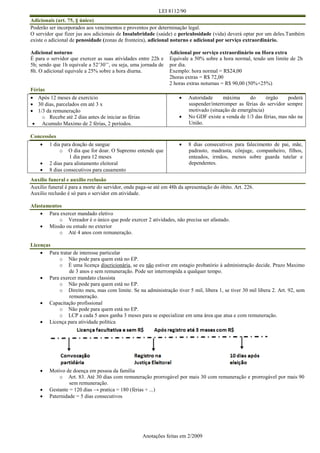 LEI 8112/90
Anotações feitas em 2/2009
Adicionais (art. 75, § único)
Poderão ser incorporados aos vencimentos e proventos por determinação legal.
O servidor que fizer jus aos adicionais de Insalubridade (saúde) e periculosidade (vida) deverá optar por um deles.Também
existe o adicional de penosidade (zonas de fronteira), adicional noturno e adicional por serviço extraordinário.
Adicional noturno
É para o servidor que exercer as suas atividades entre 22h e
5h; sendo que 1h equivale a 52’30’’, ou seja, uma jornada de
8h. O adicional equivale a 25% sobre a hora diurna.
Adicional por serviço extraordinário ou Hora extra
Equivale a 50% sobre a hora normal, tendo um limite de 2h
por dia.
Exemplo: hora normal = R$24,00
2horas extras = R$ 72,00
2 horas extras noturnas = R$ 90,00 (50%+25%)
Férias
 Após 12 meses de exercício
 30 dias, parcelados em até 3 x
 1/3 da remuneração
o Recebe até 2 dias antes de iniciar as férias
 Acumulo Maximo de 2 férias, 2 períodos.
 Autoridade máxima do órgão poderá
suspender/interromper as férias do servidor sempre
motivado (situação de emergência)
 No GDF existe a venda de 1/3 das férias, mas não na
União.
Concessões
 1 dia para doação de sangue
o O dia que for doar. O Supremo entende que
1 dia para 12 meses
 2 dias para alistamento eleitoral
 8 dias consecutivos para casamento
 8 dias consecutivos para falecimento de pai, mãe,
padrasto, madrasta, cônjuge, companheiro, filhos,
enteados, irmãos, menos sobre guarda tutelar e
dependentes.
Auxilio funeral e auxilio reclusão
Auxilio funeral é para a morte do servidor, onde paga-se até em 48h da apresentação do óbito. Art. 226.
Auxilio reclusão é só para o servidor em atividade.
Afastamentos
 Para exercer mandado eletivo
o Vereador é o único que pode exercer 2 atividades, não precisa ser afastado.
 Missão ou estudo no exterior
o Até 4 anos com remuneração.
Licenças
 Para tratar de interesse particular
o Não pode para quem está no EP.
o É uma licença discricionária, se eu não estiver em estagio probatório à administração decide. Prazo Maximo
de 3 anos e sem remuneração. Pode ser interrompida a qualquer tempo.
 Para exercer mandato classista
o Não pode para quem está no EP.
o Direito meu, mas com limite. Se na administração tiver 5 mil, libera 1, se tiver 30 mil libera 2. Art. 92, sem
remuneração.
 Capacitação profissional
o Não pode para quem está no EP.
o LCP a cada 5 anos ganha 3 meses para se especializar em uma área que atua e com remuneração.
 Licença para atividade política
 Motivo de doença em pessoa da família
o Art. 83. Até 30 dias com remuneração prorrogável por mais 30 com remuneração e prorrogável por mais 90
sem remuneração.
 Gestante = 120 dias → pratica = 180 (férias + ...)
 Paternidade = 5 dias consecutivos
 
