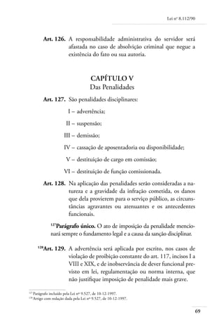 Lei no 8.112/90



	         Art. 126. 	A responsabilidade administrativa do servidor será
                     afastada no caso de absolvição criminal que negue a
                     existência do fato ou sua autoria.


                                      Capítulo V
                                      Das Penalidades
	         Art. 127. 	São penalidades disciplinares:
	                        I – 	advertência;
	                       II – 	suspensão;
	                     III – 	demissão;
	                     IV – 	cassação de aposentadoria ou disponibilidade;
	                       V – 	destituição de cargo em comissão;
	                     VI – 	destituição de função comissionada.
	         Art. 128. 	Na aplicação das penalidades serão consideradas a na-
                     tureza e a gravidade da infração cometida, os danos
                     que dela provierem para o serviço público, as circuns-
                     tâncias agravantes ou atenuantes e os antecedentes
                     funcionais.
                Parágrafo único. O ato de imposição da penalidade mencio-
              127

              nará sempre o fundamento legal e a causa da sanção disciplinar.

	      128
          Art. 129. 	A advertência será aplicada por escrito, nos casos de
                     violação de proibição constante do art. 117, incisos I a
                     VIII e XIX, e de inobservância de dever funcional pre-
                     visto em lei, regulamentação ou norma interna, que
                     não justifique imposição de penalidade mais grave.

127	
    Parágrafo incluído pela Lei nº 9.527, de 10-12-1997.
128	
    Artigo com redação dada pela Lei nº 9.527, de 10-12-1997.


                                                                                    69
 