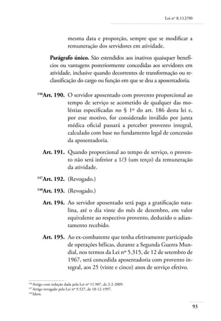 Lei no 8.112/90



                        mesma data e proporção, sempre que se modificar a
                        remuneração dos servidores em atividade.
             Parágrafo único. São estendidos aos inativos quaisquer benefí-
             cios ou vantagens posteriormente concedidas aos servidores em
             atividade, inclusive quando decorrentes de transformação ou re-
             classificação do cargo ou função em que se deu a aposentadoria.

	
         Art. 190. 	O servidor aposentado com provento proporcional ao
       146

                    tempo de serviço se acometido de qualquer das mo-
                    léstias especificadas no § 1º do art. 186 desta lei e,
                    por esse motivo, for considerado inválido por junta
                    médica oficial passará a perceber provento integral,
                    calculado com base no fundamento legal de concessão
                    da aposentadoria.
	        Art. 191. 	Quando proporcional ao tempo de serviço, o proven-
                    to não será inferior a 1/3 (um terço) da remuneração
                    da atividade.
	
         Art. 192. 	(Revogado.)
       147


	
         Art. 193. 	(Revogado.)
       148


	        Art. 194. 	Ao servidor aposentado será paga a gratificação nata-
                    lina, até o dia vinte do mês de dezembro, em valor
                    equivalente ao respectivo provento, deduzido o adian-
                    tamento recebido.
	        Art. 195. 	Ao ex-combatente que tenha efetivamente participado
                    de operações bélicas, durante a Segunda Guerra Mun-
                    dial, nos termos da Lei nº 5.315, de 12 de setembro de
                    1967, será concedida aposentadoria com provento in-
                    tegral, aos 25 (vinte e cinco) anos de serviço efetivo.

146	
    Artigo com redação dada pela Lei nº 11.907, de 2-2-2009.
147	
    Artigo revogado pela Lei nº 9.527, de 10-12-1997.
148	
    Idem.


                                                                                 93
 