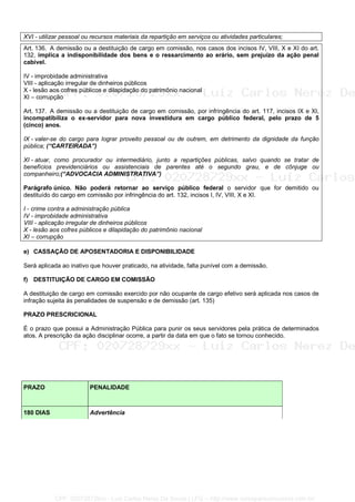 XVI - utilizar pessoal ou recursos materiais da repartição em serviços ou atividades particulares;
Art. 136. A demissão ou a destituição de cargo em comissão, nos casos dos incisos IV, VIII, X e XI do art.
132, implica a indisponibilidade dos bens e o ressarcimento ao erário, sem prejuízo da ação penal
cabível.
IV - improbidade administrativa
VIII - aplicação irregular de dinheiros públicos
X - lesão aos cofres públicos e dilapidação do patrimônio nacional
XI – corrupção
Art. 137. A demissão ou a destituição de cargo em comissão, por infringência do art. 117, incisos IX e XI,
incompatibiliza o ex-servidor para nova investidura em cargo público federal, pelo prazo de 5
(cinco) anos.
IX - valer-se do cargo para lograr proveito pessoal ou de outrem, em detrimento da dignidade da função
pública; (“CARTEIRADA”)
XI - atuar, como procurador ou intermediário, junto a repartições públicas, salvo quando se tratar de
benefícios previdenciários ou assistenciais de parentes até o segundo grau, e de cônjuge ou
companheiro;(“ADVOCACIA ADMINISTRATIVA”)
Parágrafo único. Não poderá retornar ao serviço público federal o servidor que for demitido ou
destituído do cargo em comissão por infringência do art. 132, incisos I, IV, VIII, X e XI.
I - crime contra a administração pública
IV - improbidade administrativa
VIII - aplicação irregular de dinheiros públicos
X - lesão aos cofres públicos e dilapidação do patrimônio nacional
XI – corrupção
e) CASSAÇÃO DE APOSENTADORIA E DISPONIBILIDADE
Será aplicada ao inativo que houver praticado, na atividade, falta punível com a demissão.
f) DESTITUIÇÃO DE CARGO EM COMISSÃO
A destituição de cargo em comissão exercido por não ocupante de cargo efetivo será aplicada nos casos de
infração sujeita às penalidades de suspensão e de demissão (art. 135)
PRAZO PRESCRICIONAL
É o prazo que possui a Administração Pública para punir os seus servidores pela prática de determinados
atos. A prescrição da ação disciplinar ocorre, a partir da data em que o fato se tornou conhecido.
PRAZO PENALIDADE
180 DIAS Advertência
CPF: 020728729xx - Luiz Carlos Nerez De Souza | LFG -- http://www.cursoparaconcursos.com.br/
 