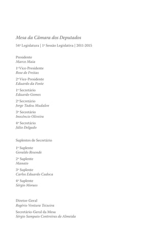 Mesa da Câmara dos Deputados
54ª Legislatura | 1ª Sessão Legislativa | 2011-2015
Presidente
Marco Maia
1ªVice-Presidente
Rose de Freitas
2ºVice-Presidente
Eduardo da Fonte
1º Secretário
Eduardo Gomes
2ºSecretário
Jorge Tadeu Mudalen
3º Secretário
Inocêncio Oliveira
4º Secretário
Júlio Delgado
Suplentes de Secretário
1º Suplente
Geraldo Resende
2º Suplente
Manato
3º Suplente
Carlos Eduardo Cadoca
4º Suplente
Sérgio Moraes
Diretor-Geral
Rogério Ventura Teixeira
Secretário-Geral da Mesa
Sérgio Sampaio Contreiras de Almeida
 