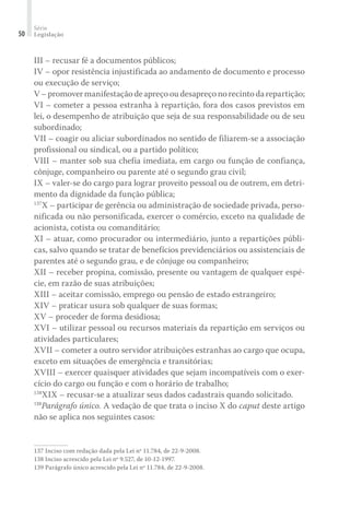 Série
Legislação50
III – recusar fé a documentos públicos;
IV – opor resistência injustificada ao andamento de documento e processo
ou execução de serviço;
V–promovermanifestaçãodeapreçooudesapreçonorecintodarepartição;
VI – cometer a pessoa estranha à repartição, fora dos casos previstos em
lei, o desempenho de atribuição que seja de sua responsabilidade ou de seu
subordinado;
VII – coagir ou aliciar subordinados no sentido de filiarem-se a associação
profissional ou sindical, ou a partido político;
VIII – manter sob sua chefia imediata, em cargo ou função de confiança,
cônjuge, companheiro ou parente até o segundo grau civil;
IX – valer-se do cargo para lograr proveito pessoal ou de outrem, em detri-
mento da dignidade da função pública;
137
X – participar de gerência ou administração de sociedade privada, perso-
nificada ou não personificada, exercer o comércio, exceto na qualidade de
acionista, cotista ou comanditário;
XI – atuar, como procurador ou intermediário, junto a repartições públi-
cas, salvo quando se tratar de benefícios previdenciários ou assistenciais de
parentes até o segundo grau, e de cônjuge ou companheiro;
XII – receber propina, comissão, presente ou vantagem de qualquer espé-
cie, em razão de suas atribuições;
XIII – aceitar comissão, emprego ou pensão de estado estrangeiro;
XIV – praticar usura sob qualquer de suas formas;
XV – proceder de forma desidiosa;
XVI – utilizar pessoal ou recursos materiais da repartição em serviços ou
atividades particulares;
XVII – cometer a outro servidor atribuições estranhas ao cargo que ocupa,
exceto em situações de emergência e transitórias;
XVIII – exercer quaisquer atividades que sejam incompatíveis com o exer-
cício do cargo ou função e com o horário de trabalho;
138
XIX – recusar-se a atualizar seus dados cadastrais quando solicitado.
139
Parágrafo único. A vedação de que trata o inciso X do caput deste artigo
não se aplica nos seguintes casos:
137	Inciso com redação dada pela Lei nº 11.784, de 22-9-2008.
138	Inciso acrescido pela Lei nº 9.527, de 10-12-1997.
139	Parágrafo único acrescido pela Lei nº 11.784, de 22-9-2008.
 
