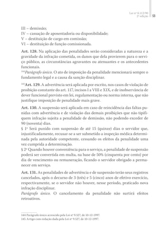 Lei nº 8.112/90
2ª edição 53
III – demissão;
IV – cassação de aposentadoria ou disponibilidade;
V – destituição de cargo em comissão;
VI – destituição de função comissionada.
Art. 128. Na aplicação das penalidades serão consideradas a natureza e a
gravidade da infração cometida, os danos que dela provierem para o servi-
ço público, as circunstâncias agravantes ou atenuantes e os antecedentes
funcionais.
144
Parágrafo único. O ato de imposição da penalidade mencionará sempre o
fundamento legal e a causa da sanção disciplinar.
145
Art. 129. A advertência será aplicada por escrito, nos casos de violação de
proibição constante do art. 117, incisos I a VIII e XIX, e de inobservância de
dever funcional previsto em lei, regulamentação ou norma interna, que não
justifique imposição de penalidade mais grave.
Art. 130. A suspensão será aplicada em caso de reincidência das faltas pu-
nidas com advertência e de violação das demais proibições que não tipifi-
quem infração sujeita a penalidade de demissão, não podendo exceder de
90 (noventa) dias.
§ 1º Será punido com suspensão de até 15 (quinze) dias o servidor que,
injustificadamente, recusar-se a ser submetido a inspeção médica determi-
nada pela autoridade competente, cessando os efeitos da penalidade uma
vez cumprida a determinação.
§ 2º Quando houver conveniência para o serviço, a penalidade de suspensão
poderá ser convertida em multa, na base de 50% (cinquenta por cento) por
dia de vencimento ou remuneração, ficando o servidor obrigado a perma-
necer em serviço.
Art. 131. As penalidades de advertência e de suspensão terão seus registros
cancelados, após o decurso de 3 (três) e 5 (cinco) anos de efetivo exercício,
respectivamente, se o servidor não houver, nesse período, praticado nova
infração disciplinar.
Parágrafo único. O cancelamento da penalidade não surtirá efeitos
retroativos.
144 	Parágrafo único acrescido pela Lei nº 9.527, de 10-12-1997.
145	Artigo com redação dada pela Lei nº 9.527, de 10-12-1997.
 