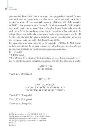 Série
Legislação78
pensionistas, bem como para seus respectivos grupos familiares definidos,
com entidades de autogestão por elas patrocinadas por meio de instru-
mentos jurídicos efetivamente celebrados e publicados até 12 de fevereiro
de 2006 e que possuam autorização de funcionamento do órgão regula-
dor, sendo certo que os convênios celebrados depois dessa data somente
poderão sê-lo na forma da regulamentação específica sobre patrocínio de
autogestões, a ser publicada pelo mesmo órgão regulador, no prazo de 180
(cento e oitenta) dias da vigência desta lei, normas essas também aplicáveis
aos convênios existentes até 12 de fevereiro de 2006;
II – contratar, mediante licitação, na forma da Lei nº 8.666, de 21 de junho
de 1993, operadoras de planos e seguros privados de assistência à saúde que
possuam autorização de funcionamento do órgão regulador;
III – (vetado).
193
§ 4º (Vetado.)
194
§ 5º O valor do ressarcimento fica limitado ao total despendido pelo servi-
dor ou pensionista civil com plano ou seguro privado de assistência à saúde.
Capítulo IV
Do Custeio
195
Art. 231. (Revogado.)
Título VII
Capítulo Único
Da Contratação Temporária de
Excepcional Interesse Público
196
Art. 232. (Revogado.)
197
Art. 233. (Revogado.)
198
Art. 234. (Revogado.)
193	Parágrafo vetado na Lei nº 11.302, de 10-5-2006.
194	Parágrafo acrescido pela Lei nº 11.302, de 10-5-2006.
195	Artigo revogado pela Lei nº 9.783, de 28-1-1999.
196	Artigo revogado pela Lei nº 8.745, de 9-12-1993.
197	Idem.
198	Idem.
 