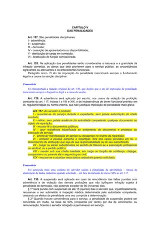CAPÍTULO V
DAS PENALIDADES
Art. 127. São penalidades disciplinares:
I - advertência;
II - suspensão;
III - demissão;
IV - cassação de aposentadoria ou disponibilidade;
V - destituição de cargo em comissão;
VI - destituição de função comissionada.
Art. 128. Na aplicação das penalidades serão consideradas a natureza e a gravidade da
infração cometida, os danos que dela provierem para o serviço público, as circunstâncias
agravantes ou atenuantes e os antecedentes funcionais.
Parágrafo único. O ato de imposição da penalidade mencionará sempre o fundamento
legal e a causa da sanção disciplinar.
Comentário
Foi transportada a redação original do art. 140, que dispõe que o ato de imposição de penalidade
mencionará sempre o dispositivo legal e a causa da sanção.
Art. 129. A advertência será aplicada por escrito, nos casos de violação de proibição
constante do art. 117, incisos I a VIII e XIX, e de inobservância de dever funcional previsto em
lei, regulamentação ou norma interna, que não justifique imposição de penalidade mais grave.
Art. 117. Ao servidor é proibido:
I - ausentar-se do serviço durante o expediente, sem prévia autorização do chefe
imediato;
II - retirar, sem prévia anuência da autoridade competente, qualquer documento ou
objeto da repartição;
III - recusar fé a documentos públicos;
IV - opor resistência injustificada ao andamento de documento e processo ou
execução de serviço;
V - promover manifestação de apreço ou desapreço no recinto da repartição;
VI - cometer a pessoa estranha à repartição, fora dos casos previstos em lei, o
desempenho de atribuição que seja de sua responsabilidade ou de seu subordinado;
VII - coagir ou aliciar subordinados no sentido de filiarem-se a associação profissional
ou sindical, ou a partido político;
VIII - manter sob sua chefia imediata, em cargo ou função de confiança, cônjuge,
companheiro ou parente até o segundo grau civil;
XIX - recusar-se a atualizar seus dados cadastrais quando solicitado;
Comentário
Foi acrescida mais uma conduta do servidor sujeita à penalidade de advertência – recusa de
atualização de dados cadastrais quando solicitado – em face da inclusão do inciso XIX ao art. 117.
Art. 130. A suspensão será aplicada em caso de reincidência das faltas punidas com
advertência e de violação das demais proibições que não tipifiquem infração sujeita à
penalidade de demissão, não podendo exceder de 90 (noventa) dias.
§ 1º Será punido com suspensão de até 15 (quinze) dias o servidor que, injustificadamente,
recusar-se a ser submetido à inspeção médica determinada pela autoridade competente,
cessando os efeitos da penalidade uma vez cumprida a determinação.
§ 2º Quando houver conveniência para o serviço, a penalidade de suspensão poderá ser
convertida em multa, na base de 50% (cinqüenta por cento) por dia de vencimento, ou
remuneração, ficando o servidor obrigado a permanecer em serviço.
 