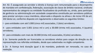 Art. 92. É assegurado ao servidor o direito à licença sem remuneração para o desempenho
de mandato em confederação, federação, associação de classe de âmbito nacional, sindicato
representativo da categoria ou entidade fiscalizadora da profissão ou, ainda, para participar
de gerência ou administração em sociedade cooperativa constituída por servidores públicos
para prestar serviços a seus membros, observado o disposto na alínea c do inciso VIII do art.
102 desta Lei, conforme disposto em regulamento e observados os seguintes limites:
I - para entidades com até 5.000 (cinco mil) associados, 2 (dois) servidores;
II - para entidades com 5.001 (cinco mil e um) a 30.000 (trinta mil) associados, 4 (quatro)
servidores;
III - para entidades com mais de 30.000 (trinta mil) associados, 8 (oito) servidores.
§ 1o Somente poderão ser licenciados os servidores eleitos para cargos de direção ou de
representação nas referidas entidades, desde que cadastradas no órgão competente.
§ 2o A licença terá duração igual à do mandato, podendo ser renovada, no caso de
reeleição.
 