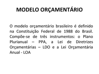 MODELO ORÇAMENTÁRIO 
O modelo orçamentário brasileiro é definido 
na Constituição Federal de 1988 do Brasil. 
Compõe-se de três instrumentos: o Plano 
Plurianual – PPA, a Lei de Diretrizes 
Orçamentárias – LDO e a Lei Orçamentária 
Anual - LOA 
 