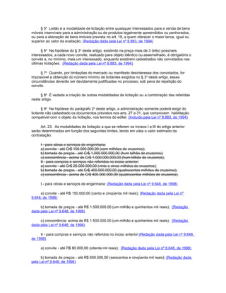 § 5o Leilão é a modalidade de licitação entre quaisquer interessados para a venda de bens
móveis inservíveis para a administração ou de produtos legalmente apreendidos ou penhorados,
ou para a alienação de bens imóveis prevista no art. 19, a quem oferecer o maior lance, igual ou
superior ao valor da avaliação. (Redação dada pela Lei nº 8.883, de 1994)

      § 6o Na hipótese do § 3o deste artigo, existindo na praça mais de 3 (três) possíveis
interessados, a cada novo convite, realizado para objeto idêntico ou assemelhado, é obrigatório o
convite a, no mínimo, mais um interessado, enquanto existirem cadastrados não convidados nas
últimas licitações. (Redação dada pela Lei nº 8.883, de 1994)

      § 7o Quando, por limitações do mercado ou manifesto desinteresse dos convidados, for
impossível a obtenção do número mínimo de licitantes exigidos no § 3o deste artigo, essas
circunstâncias deverão ser devidamente justificadas no processo, sob pena de repetição do
convite.

     § 8o É vedada a criação de outras modalidades de licitação ou a combinação das referidas
neste artigo.

       § 9o Na hipótese do parágrafo 2o deste artigo, a administração somente poderá exigir do
licitante não cadastrado os documentos previstos nos arts. 27 a 31, que comprovem habilitação
compatível com o objeto da licitação, nos termos do edital. (Incluído pela Lei nº 8.883, de 1994)

      Art. 23. As modalidades de licitação a que se referem os incisos I a III do artigo anterior
serão determinadas em função dos seguintes limites, tendo em vista o valor estimado da
contratação:

     I - para obras e serviços de engenharia:
     a) convite - até Cr$ 100.000.000,00 (cem milhões de cruzeiros);
     b) tomada de preços - até Cr$ 1.000.000.000,00 (hum bilhão de cruzeiros);
     c) concorrência - acima de Cr$ 1.000.000.000,00 (hum bilhão de cruzeiros);
     II - para compras e serviços não referidos no inciso anterior:
     a) convite - até Cr$ 25.000.000,00 (vinte e cinco milhões de cruzeiros);
     b) tomada de preços - até Cr$ 400.000.000,00 (quatrocentos milhões de cruzeiros);
     c) concorrência - acima de Cr$ 400.000.000,00 (quatrocentos milhões de cruzeiros).

     I - para obras e serviços de engenharia: (Redação dada pela Lei nº 9.648, de 1998)

     a) convite - até R$ 150.000,00 (cento e cinqüenta mil reais); (Redação dada pela Lei nº
9.648, de 1998)

     b) tomada de preços - até R$ 1.500.000,00 (um milhão e quinhentos mil reais); (Redação
dada pela Lei nº 9.648, de 1998)

     c) concorrência: acima de R$ 1.500.000,00 (um milhão e quinhentos mil reais); (Redação
dada pela Lei nº 9.648, de 1998)

     II - para compras e serviços não referidos no inciso anterior:(Redação dada pela Lei nº 9.648,
de 1998)

     a) convite - até R$ 80.000,00 (oitenta mil reais); (Redação dada pela Lei nº 9.648, de 1998)

      b) tomada de preços - até R$ 650.000,00 (seiscentos e cinqüenta mil reais); (Redação dada
pela Lei nº 9.648, de 1998)
 