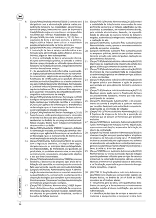 34
LEINº8.666/1993LEINº8.666/1993
8. (Cespe/MMA/AnalistaAmbiental/2010)Ocontratoserá
obrigatório caso a administração pública realize pro-
cedimento licitatório nas modalidades concorrênciae
tomada de preço, bem como nos casos de dispensas e
inexigibilidades cujos preços es verem compreendidos
nos limites das referidas modalidades de licitação.
9. (Cespe/MMA/Analista Ambiental/2010) Para a
aquisição de bens e serviços comuns, a adminis-
tração pública federal deve utilizar a modalidade
pregão,obrigatoriamente na forma eletrônica.
10. (Cespe/MMA/Analista Ambiental/2010) Com relação
à contratação de bens e serviços de informá ca e au-
tomação pela administração pública federal, direta ou
indireta, julgue os itens subsequentes.
I – Para a contratação de bens e serviços de informá-
ca pela administração pública, se adotado o critério
técnica e preço,não pode ser u lizado o procedimento
licitatório na modalidade convite, independentemente
do valor desses bense serviços.
II – Na aquisição de bens de informá ca e automação,
osórgãospúblicosfederaisdevemincluir,noinstrumen-
to convocatório,a exigência da apresentação, na fase de
habilitação, de cer ﬁcações para o produto oferecido
emi dasporins tuiçõespúblicasouprivadascredencia-
daspeloIns tutoNacionaldeMetrologia,Normalização
e Qualidade Industrial (Inmetro)que atestem, conforme
regulamentação especíﬁca, a adequaçãoda segurança
para usuários e instalações, da compa bilidade eletro-
magné ca e do consumo de energia.
11. (Cespe/CNPq/Analista de Ciência e Tecnologia Jr./2010)
Conﬁgura-se hipótese de dispensa de licitação a contra-
tação realizada por ins tuição cien ﬁca e tecnológica
(ICT) ou por agência de fomento para a transferência
de tecnologia e para o licenciamento de direito de uso
ou de exploração de criação protegida.
12. (Cespe/CNPq/Analista de Ciência e Tecnologia Jr./2010)
Suponha que a União pretenda promover a concessão
de direito real de uso de bens públicos imóveis para ﬁns
residenciais no âmbito de um programa habitacional.
Nessa situação, deverá haver licitação na modalidade
de concorrência ou leilão.
13. (Cespe/CNPq/Assistente 1/2010) É inexigível a licitação
na contratação realizada por ins tuição cien ﬁca e tec-
nológicaouporagênciadefomentoparaatransferência
de tecnologia e para o licenciamento de direito de uso
ou de exploração de criação protegida.
14. (Cespe/STM/Analista Administra vo/2010) De acordo
com a legislação brasileira, a licitação deve seguir,
obrigatoriamente, os princípios básicos da legalidade,
da impessoalidade, da moralidade, da igualdade, da
publicidade,daprobidadeadministra va,davinculação
ao instrumento convocatório, do julgamento obje vo
e dos que lhes são correlatos.
15. (Cespe/STM/AnalistaAdministra vo/2010)Noprocesso
licitatório, a desistência de proposta após a fase de ha-
bilitação só é permi da por mo vo justo decorrente de
fato superveniente e aceito pela comissão de licitação.
16. (Cespe/STM/Analista Administra vo/2010) A adminis-
traçãodemateriaisvisacolocarosmateriaisnecessários
na quan dade certa, no local certo e no tempo certo à
disposição dos órgãos que compõem o processo produ-
vo da empresa. São duas as funções da administração
de materiais: programação e compras.
17. (Cespe/TRE-ES/Analista Administra vo/2011) É dispen-
sável a licitação caso haja possibilidade de comprome-
mento da segurança nacional nos casos estabelecidos
em decreto do presidente da República, ouvido o
Conselho de Defesa Nacional.
18. (Cespe/TRE-ES/Analista Administra vo/2011) Convite é
a modalidade de licitação entre interessados do ramo
per nente ao objeto a ser licitado, cadastrados ou não,
escolhidos e convidados, em número mínimo de três,
pela unidade administra va, devendo, na impossibi-
lidade de obtenção do número mínimo de licitantes
exigidos, a administração eleger outra modalidade para
a realização do ato.
19. (Cespe/STM/Analista Judiciário-Área Judiciária/2010)
Namodalidadeconvite,apenasasempresasconvidadas
poderão apresentar propostas.
20. (Cespe/STM/Analista Judiciário-Área Judiciária/2010)
As empresas públicas, devido ao seu caráter eminen-
temente privado, não estão obrigadas à realização de
procedimentos licitatórios.
21. (Cespe/TJ-ES/Analista Judiciário- Administração/2010)
O princípio da legalidade está relacionado ao fato de o
gestor público agir somente de acordo com a lei.
22. (Cespe/TJ-ES/Analista Judiciário- Administração/2010)
O princípio da impessoalidade trata da incapacidade
da administração pública em ofertar serviços públicos
a todos os cidadãos.
23. (Cespe/TJ-ES/Analista Judiciário-Administração/2010)
O agente público que devassar o sigilo de proposta
apresentada em procedimento licitatório cometerá
crime.
24. (Cespe/TJ-ES/Analista Judiciário-Administração/2010)
Qualquer pessoa pode exercer a ﬁscalização da lisura
do procedimento licitatório, mesmo que não esteja
par cipando do certame.
25. (Cespe/PC-ES/Delegado Subs tuto/2011) O procedi-
mento do convite é simpliﬁcado e pode ser realizado
por servidor designado pela autoridade competente,
dispensando-se a comissão de licitação.
26. (Cespe/TRE-ES/Técnico Judiciário-Administração/2011)
É hipótese de dispensa de licitação a aquisição de
materiais que só possam ser fornecidos por produtor
exclusivo.
27. (Cespe/STM/Técnico Judiciário-Administração/2010)
Após a homologação de licitação, ocorre a adjudicação,
que consiste na atribuição, ao vencedor da licitação, do
objeto da contratação.
28. (Cespe/STM/TécnicoJudiciário-Administração/2010)As
diversas situações em que é possível aplicar a hipótese
de dispensa de licitação prevista na Lei nº 8.666/1993
incluem a caracterizada pela urgência concreta e efe va
de atendimento a situação decorrente de estado emer-
gencial ou calamitoso,visando afastar risco de danos a
bens, à saúde ou à vida das pessoas.
29. (Cespe/STM/Técnico Judiciário-Administração/2010)
Melhor técnica ou técnica e preço são pos de licitação
que não podem ser u lizados para serviços de natureza
intelectual;naelaboraçãodeprojetos,cálculos,estudos
técnicos preliminares e projetos básicos e execu vos;
e na ﬁscalização, supervisão e gerenciamento de enge-
nharia consul va, em geral.
30. (FCC/TRF 1ª Região/Analista Judiciário-Administra-
ção/2011) Com relação aos componentes exigidos do
Projeto Básico, no âmbito da Lei nº 8.666 de 1993,
considere as aﬁrma vas abaixo:
I – Orçamento geral da obra, sem quan ta vos deta-
lhados de serviços e fornecimentos es ma vamente
avaliados, sujeitos a futuras modiﬁcações por parte da
Administração.
II – Iden ﬁcação dos pos de serviços a executar e de
materiais e equipamentos a incorporar à obra, bem
 