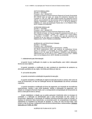 A Lei n. 8.666/93 e sua aplicação pelo Tribunal de Contas do Estado de Santa Catarina
122
ADITIVOS IRREGULARES
Acórdão n. 1251/2008
Processo n. ALC - 05/03937231
Secretaria de Estado do Desenvolvimento Regional da Grande Florianópolis
R$ 2.000,00 (dois mil reais), em virtude de acréscimos efetuados nos
Contratos ns. 038, 073, 086, 088 e 094/04 através dos respectivos termos
aditivos, que já poderiam ter sido previstos antes da celebração dos termos
originais, contrariando o disposto nos arts. 2°, 3° e 65 da Lei (federal) n.
8.666/93 e 37, caput, da Constituição Federal (item 2.2 do Relatório DCE).
DOTC 78/2008, de 22/08/2008.
ACRÉSCIMO IRREGULAR
Acórdão n. 1252/2008
Processo n. ALC - 06/00291375
Secretaria de Estado do Desenvolvimento Regional de Joinville
R$ 1.000,00 (mil reais), em face do acréscimo contratual de 24,99% do 1º
Termo Aditivo ao Contrato n. 016/05 - TP n. 008/05 e do 1º Termo Aditivo
ao Contrato n. 011/2005 - TP n. 007/05, visto que não atenderam aos
requisitos do art. 65, caput, da Lei (federal) n. 8.666/93 (item 2.1 e 2.2 do
Relatório DLC). DOTC 78/2008, de 22/08/2008.
AUSÊNCIA DE JUSTIFICATIVAS FORMAIS
Acórdão n. 1412/2008
Processo n. ALC - 05/03944440
Companhia Catarinense de Águas e Saneamento - CASAN
R$ 400,00 (quatrocentos reais), pela ausência de justificativas formais
quanto ao acréscimo e prorrogação do contrato original, contrariando o
disposto no art. 65, caput, da Lei (federal) n. 8.666/93 e suas alterações,
relativamente aos TA ns 01/03 ao CO n. 348/03 e 01/03 ao CO n. 650/03
(item 2.22 do Relatório DLC). DOTC 99/2008, de 22/09/2008.
I - unilateralmente pela Administração:
a) quando houver modificação do projeto ou das especificações, para melhor adequação
técnica aos seus objetivos;
b) quando necessária a modificação do valor contratual em decorrência de acréscimo ou
diminuição quantitativa de seu objeto, nos limites permitidos por esta Lei;
II - por acordo das partes:
a) quando conveniente a substituição da garantia de execução;
b) quando necessária a modificação do regime de execução da obra ou serviço, bem como do
modo de fornecimento, em face de verificação técnica da inaplicabilidade dos termos contratuais
originários;
c) quando necessária a modificação da forma de pagamento, por imposição de circunstâncias
supervenientes, mantido o valor inicial atualizado, vedada a antecipação do pagamento, com
relação ao cronograma financeiro fixado, sem a correspondente contraprestação de fornecimento de
bens ou execução de obra ou serviço;
d) para restabelecer a relação que as partes pactuaram inicialmente entre os encargos do
contratado e a retribuição da administração para a justa remuneração da obra, serviço ou
fornecimento, objetivando a manutenção do equilíbrio econômico-financeiro inicial do contrato, na
hipótese de sobrevirem fatos imprevisíveis, ou previsíveis porém de conseqüências incalculáveis,
retardadores ou impeditivos da execução do ajustado, ou, ainda, em caso de força maior, caso
fortuito ou fato do príncipe, configurando área econômica extraordinária e extracontratual. (Redação
dada pela Lei nº 8.883, de 1994)
AUSÊNCIA DE PLANILHA DE CUSTO
 