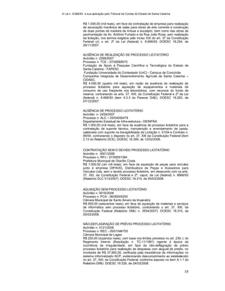 A Lei n. 8.666/93 e sua aplicação pelo Tribunal de Contas do Estado de Santa Catarina
18
R$ 1.000,00 (mil reais), em face da contratação de empresa para realização
de escavação mecânica de valas para obras de arte corrente e construção
de duas pontes de madeira de imbuia e eucalipto, bem como das obras de
pavimentação da Av. Antônio Furtado e da Rua João Rosa, sem realização
da licitação, nos termos exigidos pelo inciso XXI do art. 37 da Constituição
Federal c/c o art. 2º da Lei (federal) n. 8.666/93. DOESC 18.254, de
26/11/2007.
AUSÊNCIA DE REALIZAÇÃO DE PROCESSO LICITATÓRIO
Acórdão n. 2399/2007
Processo n. TCE - 07/00068570
Fundação de Apoio à Pesquisa Científica e Tecnológica do Estado de
Santa Catarina - FAPESC
Fundação Universidade do Contestado (UnC) - Campus de Concórdia
Companhia Integrada de Desenvolvimento Agrícola de Santa Catarina –
CIDASC.
R$ 4.000,00 (quatro mil reais), em razão da ausência de realização de
processo licitatório para aquisição de equipamentos e materiais de
consumo de uso freqüente nos laboratórios, com recursos do fundo de
reserva, contrariando os arts. 37, XXI, da Constituição Federal e 2º da Lei
(federal) n. 8.666/93 (item 4.3.3 do Parecer DAE). DOESC 18.263, de
07/12/2007.
AUSÊNCIA DE PROCESSO LICITATÓRIO
Acórdão n. 2459/2007
Processo n. ALC – 05/04050478
Departamento Estadual de Infra-estrutura - DEINFRA
R$ 1.000,00 (mil reais), em face da ausência de processo licitatório para a
contratação de suporte técnico, manutenção e arrendamento de jazida,
celebrada com suporte na Inexigibilidade de Licitação n. 01/04 e Contrato n.
06/04, contrariando o disposto no art. 37, XXI da Constituição Federal (item
2.13 do Relatório DCE). DOESC 18.299, de 12/02/2008.
CONTRATAÇÃO SEM O DEVIDO PROCESSO LICITATÓRIO
Acórdão n. 0001/2008
Processo n. RPJ - 07/00091394
Prefeitura Municipal de Otacílio Costa
R$ 1.000,00 (um mil reais), em face da aquisição de peças para veículos
junto à empresa DIPAVEL Distribuidora de Peças e Acessórios para
Veículos Ltda. sem o devido processo licitatório, em desacordo com os arts.
37, XXI, da Constituição Federal e 2º, caput, da Lei (federal) n. 8666/93
(Relatório DLC 513/2007). DOESC 18.315, de 05/03/2008.
AQUISIÇÃO SEM PROCESSO LICITATÓRIO
Acórdão n. 0016/2008
Processo n. PCA - 06/00045250
Câmara Municipal de Santo Amaro da Imperatriz
R$ 600,00 (seiscentos reais), em face da aquisição de materiais e serviços
de informática sem processo licitatório, contrariando o art. 37, XXI, da
Constituição Federal (Relatório DMU n. 3554/2007). DOESC 18.315, de
05/03/2008.
NÃO-DEFLAGRAÇÃO DE PRÉVIO PROCESSO LICITATÓRIO
Acórdão n. 0121/2008
Processo n. REC - 05/01046755
Câmara Municipal de Lages
R$ 200,00 (duzentos reais), com base nos limites previstos no art. 239, I, do
Regimento Interno (Resolução n. TC-11/1991) vigente à época da
ocorrência da irregularidade, em face da não-deflagração de prévio
processo licitatório para realização de despesas com aluguel de prédio, no
montante de R$ 37.800,00, verificada pela inexistência de informações no
sistema informatizado ACP, evidenciando descumprimento ao estabelecido
no art. 37, XXI, da Constituição Federal, conforme exposto no item A.1.1 do
Relatório DMU. DOESC 18.326, de 24/03/2008.
 