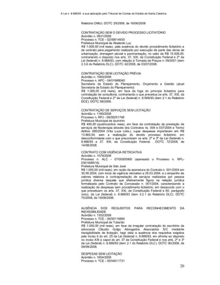 A Lei n. 8.666/93 e sua aplicação pelo Tribunal de Contas do Estado de Santa Catarina
20
Relatório DMU). DOTC 29/2008, de 16/06/2008.
CONTRATAÇÃO SEM O DEVIDO PROCESSO LICITATÓRIO
Acórdão n. 0931/2008
Processo n. TCE - 02/09514930
Prefeitura Municipal de Abelardo Luz
R$ 1.000,00 (mil reais), pela ausência do devido procedimento licitatório e
de contrato para pagamento realizado por execução de parte das obras de
urbanização, drenagem pluvial e pavimentação, no valor de R$ 15.009,00,
contrariando o disposto nos arts. 37, XXI, da Constituição Federal e 2º da
Lei (federal) n. 8.666/93, com relação à Tomada de Preços n. 09/2001 (item
2.3.6 do Relatório DLC). DOTC 42/2008, de 03/07/2008.
CONTRATAÇÃO SEM LICITAÇÃO PRÉVIA
Acórdão n. 1065/2008
Processo n. APC - 04/01988040
Secretaria de Estado do Planejamento, Orçamento e Gestão (atual
Secretaria de Estado do Planejamento)
R$ 1.000,00 (mil reais), em face da fuga do princípio licitatório para
contratação de consultoria, contrariando o que preceitua os arts. 37, XXI, da
Constituição Federal e 2º da Lei (federal) n. 8.666/93 (item 2.1 do Relatório
DCE). DOTC 58/2008.
CONTRATAÇÃO DE SERVIÇOS SEM LICITAÇÃO
Acórdão n. 1180/2008
Processo n. RPJ - 06/00251748
Prefeitura Municipal de Ipumirim
R$ 400,00 (quatrocentos reais), em face da contratação da prestação de
serviços de fisioterapia através dos Contratos ns. 004 e 037/2004 e Termo
Aditivo 085/2004 (Vita Luce Ltda.), cujas despesas importaram em R$
13.865,50, sem a realização do devido processo licitatório, em
desconformidade com o que preconizam os arts. 2º e 3º da Lei (federal) n.
8.666/93 e 37, XXI, da Constituição Federal. DOTC 72/2008, de
14/08/2008.
CONTRATO COM VIGÊNCIA RETROATIVA
Acórdão n. 1079/2008
Processo n. ALC - 07/00005900 (apensado o Processo n. RPL-
0301908516)
Prefeitura Municipal de São José
R$ 1.000,00 (mil reais), em razão da assinatura do Contrato n. 001/2004 em
30.09.2004, com início de vigência retroativo a 29.03.2004, e o empenho de
valores relativos à contraprestação de serviços realizados por pessoa
jurídica diversa daquela que efetivamente figura na relação jurídica
formalizada pelo Contrato de Concessão n. 001/2004, caracterizando a
realização de despesas sem procedimento licitatório, em desacordo com o
que preceituam os arts. 37, XXI, da Constituição Federal e 60, parágrafo
único, da Lei (federal) n. 8.666/93 (item 3.2.1 do Relatório DLC). DOTC
75/2008, de 19/08/2008.
AUSÊNCIA DOS REQUISITOS PARA RECONHECIMENTO DA
INEXIGIBILIDADE
Acórdão n. 1352/2008
Processo n. TCE - 05/00115885
Prefeitura Municipal de Tubarão
R$ 1.000,00 (mil reais), em face da irregular contratação do escritório de
advocacia Cláudio Golgo Advogados Associados S/C mediante
inexigibilidade de licitação, haja vista a ausência dos requisitos exigidos
pelo inciso II do art. 25 da Lei (federal) n. 8.666/93, em afronta ao disposto
no inciso XXI e caput do art. 37 da Constituição Federal e nos arts. 2º e 3º
da Lei (federal) n. 8.666/93 (item 2.1 do Relatório DLC). DOTC 90/2008, de
09/09/2008.
DESPESAS SEM LICITAÇÃO
Acórdão n. 1654/2008
Processo n. TCE - 05/04011731
 