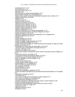 A Lei n. 8.666/93 e sua aplicação pelo Tribunal de Contas do Estado de Santa Catarina
210
- das alienações: arts. 17 a 19
- das compras: arts. 14 a 16
- das obras e serviços: arts. 7º a 12
- definições: art. 6º
- dos serviços técnicos profissionais especializados: art. 13
-valores; reajustes; variações: art. 120 e parágrafo único
- rejeição de obra, serviço ou fornecimento executado em desacordo com o contrato: art. 76
- sanções administrativas: arts. 86 a 88
- alteração: art. 65
- acréscimos: art. 65, § 1º
- acréscimos; limites: art. 65, §1º
- fixação de preços; limites: art. 65, § 2º
- alteração por acordo das partes: art. 65, II
- revisão dos preços contratados: art. 65, § 5º
- supressão de obras ou serviços: art. 65, § 4º
- alteração unilateral; aditamento: art. 65, § 6º
- alteração; unilateralmente: art. 65, I
- anteriores à publicação da Lei n. 8.666/93; inaplicabilidade: art. 121
- cláusulas econômico-financeiras e monetárias; alterações: art. 59, §§ 1º
- cláusulas necessárias: art. 55, I a XIII
- dispensa do recebimento provisório; recibo; disposições: art. 74 e parágrafo único
- disposições preliminares: arts. 54 a 59
- duração: art. 57
- duração; exceções: art. 57, II e IV
- duração; prorrogação: art. 57, § 1º
- duração; prorrogação; caráter excepcional: art. 57, § 4º
- duração; prorrogação; justificação: art. 57, § 2º
- ensaios, testes, provas exigidos por normas técnicas para boa execução do objeto do contrato;
obrigação do contratado: art. 75
- Administração como parte usuária de serviço público: art. 62, § 3º, II
- contratos de seguro, de financiamento, de locação: art. 62, § 3º, I
- assinatura; convocação: art. 64
- assinatura; convocação; prazo: art. 64, § 1º
- carta-contrato; empenho; autorização de compra; ordem de execução de serviço; aplicação: art.
62, § 2°
- conhecimento dos termos do contrato: art. 63
- convocação de licitantes remanescentes; hipótese: art. 64, § 2º
- decorrido prazo para convocação; liberação: art. 64, § 3º
- lavrado na repartição em ordem cronológica: art. 60
- minuta: art. 62, § 1º
- nulidade: art. 60, parágrafo único
- quando obrigatório; quando facultativo: art. 62
- requisitos básicos: art. 61 e parágrafo único
- termo de contrato; disposições: art. 62, § 4º
- foro competente: art. 55, § 2º
- garantia; liberação: art. 56, § 4º
- garantia; valor: art. 56, § 2º
- impedimento, paralisação ou sustação: art. 79, § 5º
- minutas; apreciação da assessoria jurídica da unidade responsável pela licitação: art. 38, parágrafo
único
- modalidades de garantias: art. 56, § 1º
- normas gerais: art. 12
- obra, serviço ou fornecimento em desacordo ao contrato; rejeição: art. 76
- para os fins da lei; definição: art. 22, parágrafo único
- prazo indeterminado; disposições: art. 57, § 3º
- prestação de garantia nas contratações de obras, serviços e compras; exigência: art. 56
- processo e procedimento judicial: arts. 100 a 108
- entrega de bens pela Administração; garantia; acréscimo de valor: art. 56 § 5º
- recebimento do objeto: art. 73 e §§ 1º a 4º
- regime jurídico: art. 58
- aplicação de sanções: art. 58, IV
- fiscalização: art. 58, III
 