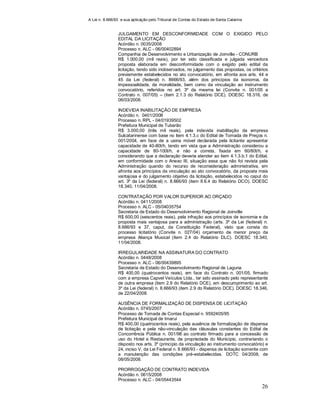 A Lei n. 8.666/93 e sua aplicação pelo Tribunal de Contas do Estado de Santa Catarina
26
JULGAMENTO EM DESCONFORMIDADE COM O EXIGIDO PELO
EDITAL DA LICITAÇÃO
Acórdão n. 0035/2008
Processo n. ALC - 06/00402894
Companhia de Desenvolvimento e Urbanização de Joinville - CONURB
R$ 1.000,00 (mil reais), por ter sido classificada e julgada vencedora
proposta elaborada em desconformidade com o exigido pelo edital da
licitação, tendo sido inobservados, no julgamento das propostas, os critérios
previamente estabelecidos no ato convocatório, em afronta aos arts. 44 e
45 da Lei (federal) n. 8666/93, além dos princípios da isonomia, da
impessoalidade, da moralidade, bem como da vinculação ao instrumento
convocatório, referidos no art. 3º da mesma lei (Convite n. 001/05 e
Contrato n. 007/05) – (item 2.1.3 do Relatório DCE). DOESC 18.316, de
06/03/2008.
INDEVIDA INABILITAÇÃO DE EMPRESA
Acórdão n. 0401/2008
Processo n. RPL - 04/01939502
Prefeitura Municipal de Tubarão
R$ 3.000,00 (três mil reais), pela indevida inabilitação da empresa
Sulcatarinense com base no item 4.1.3.c do Edital de Tomada de Preços n.
001/2004, em face de a usina móvel declarada pela licitante apresentar
capacidade de 40-80t/h, tendo em vista que a Administração considerou a
capacidade de 80-100t/h, e não a correta, fixada em 60/80t/h, e
considerando que a declaração deveria atender ao item 4.1.3.b.1 do Edital,
em conformidade com o Anexo III, situação essa que não foi revista pela
Administração quando do recurso de reconsideração administrativa, em
afronta aos princípios da vinculação ao ato convocatório, da proposta mais
vantajosa e do julgamento objetivo da licitação, estabelecidos no caput do
art. 3º da Lei (federal) n. 8.666/93 (item II.6.4 do Relatório DCO). DOESC
18.340, 11/04/2008.
CONTRATAÇÃO POR VALOR SUPERIOR AO ORÇADO
Acórdão n. 0411/2008
Processo n. ALC - 05/04035754
Secretaria de Estado do Desenvolvimento Regional de Joinville
R$ 600,00 (seiscentos reais), pela infração aos princípios de isonomia e da
proposta mais vantajosa para a administração (arts. 3º da Lei (federal) n.
8.666/93 e 37, caput, da Constituição Federal), visto que consta do
processo licitatório (Convite n. 027/04) orçamento de menor preço da
empresa Aliança Musical (item 2.4 do Relatório DLC). DOESC 18.340,
11/04/2008.
IRREGULARIDADE NA ASSINATURA DO CONTRATO
Acórdão n. 0448/2008
Processo n. ALC - 06/00439895
Secretaria de Estado do Desenvolvimento Regional de Laguna
R$ 400,00 (quatrocentos reais), em face do Contrato n. 001/05, firmado
com a empresa Capvel Veículos Ltda., ter sido assinado pelo representante
de outra empresa (item 2.9 do Relatório DCE), em descumprimento ao art.
3º da Lei (federal) n. 8.666/93 (item 2.9 do Relatório DCE). DOESC 18.346,
de 22/04/2008.
AUSÊNCIA DE FORMALIZAÇÃO DE DISPENSA DE LICITAÇÃO
Acórdão n. 0745/2007
Processo de Tomada de Contas Especial n. 9592405/95
Prefeitura Municipal de Imaruí
R$ 400,00 (quatrocentos reais), pela ausência de formalização de dispensa
de licitação e pela não-vinculação das cláusulas constantes do Edital de
Concorrência Pública n. 001/98 ao contrato firmado para a concessão de
uso do Hotel e Restaurante, de propriedade do Município, contrariando o
disposto nos arts. 3º (princípio da vinculação ao instrumento convocatório) e
24, inciso V, da Lei Federal n. 8.666/93 - dispensa de licitação somente com
a manutenção das condições pré-estabelecidas. DOTC 04/2008, de
08/05/2008.
PRORROGAÇÃO DE CONTRATO INDEVIDA
Acórdão n. 0615/2008
Processo n. ALC - 04/05443544
 