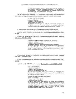 A Lei n. 8.666/93 e sua aplicação pelo Tribunal de Contas do Estado de Santa Catarina
53
R$ 400,00 (quatrocentos reais), em razão da ausência de comprovação de
prévio cadastro da empresa adjudicada, contrariando o art. 22, §§ 2º e 9º,
da Lei (federal) n. 8.666/93; relativamente ao ato constante do item 6.1.2.3
desta deliberação. DOTC 136/2008, de 13/11/2008..
Art. 23. As modalidades de licitação a que se referem os incisos I a III do artigo anterior serão
determinadas em função dos seguintes limites, tendo em vista o valor estimado da contratação:
FRACIONAMENTO DO OBJETO
Acórdão n. 1536/2008
Processo n. TCE - 04/05330340
Prefeitura Municipal de São José
R$ 2.000,00 (dois mil reais), em razão do fracionamento do objeto nas
obras da Avenida das Torres, em descumprimento ao art. 23 da Lei
(federal) n. 8.666/93 (item 2.2.6 do Relatório DLC). DOTC 124/2008.
I - para obras e serviços de engenharia: (Redação dada pela Lei nº 9.648, de 1998)
a) convite - até R$ 150.000,00 (cento e cinqüenta mil reais); (Redação dada pela Lei nº 9.648,
de 1998)
b) tomada de preços - até R$ 1.500.000,00 (um milhão e quinhentos mil reais); (Redação
dada pela Lei nº 9.648, de 1998)
UTILIZAÇÃO DE MODALIDADE INCORRETA DE LICITAÇÃO
Acórdão n. 1549/2008
Processo n. ALC - 05/04019554
Secretaria de Estado do Desenvolvimento Regional de Blumenau
R$ 600,00 (seiscentos reais), em função da utilização de modalidade
incorreta de licitação, em contrariedade ao disposto no art. 23, inciso I,
alínea "b", da Lei (federal) n. 8.666/93 (item 2.1.2.30 do Relatório DCE).
DOTC 128/2008, de 03/11/2008.
c) concorrência: acima de R$ 1.500.000,00 (um milhão e quinhentos mil reais); (Redação
dada pela Lei nº 9.648, de 1998)
II - para compras e serviços não referidos no inciso anterior:(Redação dada pela Lei nº 9.648,
de 1998)
a) convite - até R$ 80.000,00 (oitenta mil reais); (Redação dada pela Lei nº 9.648, de 1998)
MODALIDADE INDEVIDA
Acórdão n. 0615/2008
Processo n. ALC - 04/05443544
Fundação Catarinense de Cultura - FCC
R$ 400,00 (quatrocentos reais), pelo montante da contratação ter
ultrapassado a modalidade de licitação adotada, conforme estabelecido na
Lei (federal) n. 8666/93, art. 23, II, "a".
UTILIZAÇÃO DE MODALIDADE INADEQUADA
Acórdão n. 0779/2208
Processo n. RPA - 04/01630838
Prefeitura Municipal de Rodeio
R$ 400,00 (quatrocentos reais), em face da adoção de modalidade de
licitação imprópria no Convite n. 06/2004, uma vez que os gastos com a
contratação de transporte escolar no ano de 2004 ultrapassaram o valor
máximo de R$ 80.000,00, imposto como limite para realização de licitação
naquela modalidade, contrariando o art. 23, caput, II, "a", e §5
o
, da Lei
(federal) n. 8.666/93. DOTC 27/2008, de 12/06/2008.
 
