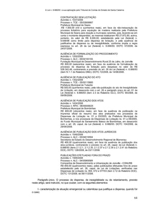 A Lei n. 8.666/93 e sua aplicação pelo Tribunal de Contas do Estado de Santa Catarina
64
CONTRATAÇÃO SEM LICITAÇÃO
Acórdão n. 1037/2008
Processo n. TCE - 05/03959987
Prefeitura Municipal de Seara
R$ 1.500,00 (mil e quinhentos reais), em face da não-instauração de
processo licitatório para aquisição de madeira realizada pela Prefeitura
Municipal de Seara para doação a munícipes carentes, pois, levando-se em
conta o montante despendido, as mesmas totalizaram R$ 27.972,80, acima,
portanto, do valor de R$ 8.000,00, estabelecido pela Lei (federal) n.
9.648/98 como limite para dispensa de licitação, e pela ausência de
justificativa de dispensa ou de inexigibilidade, conforme impõe a regra
expressa no art. 26 da Lei (federal) n. 8.666/93. DOTC 57/2008, de
24/07/2008.
AUSÊNCIA DE FORMALIZAÇÃO DO PROCEDIMENTO
Acórdão n. 1200/2008
Processo n. ALC - 05/04193155
Fundação Municipal de Desenvolvimento Rural 25 de Julho, de Joinville
R$ 600,00 (seiscentos reais), em face da ausência de formalização de
processo de dispensa de licitação para despesas no valor de R$
528.342,48, contrariando a previsão do art. 26 da Lei (federal) n. 8.666/93
(item IV.1.1 do Relatório DMU). DOTC 72/2008, de 14/08/2008.
AUSÊNCIA DE PUBLICAÇÃO DO ATO
Acórdão n. 1352/2008
Processo n. TCE - 05/00115885
Prefeitura Municipal de Tubarão
R$ 500,00 (quinhentos reais), pela não-publicação do ato de Inexigibilidade
de Licitação, em desacordo com o art. 26 e parágrafo único do art. 61 da
Lei (federal) n. 8.666/93 (item 2.3 do Relatório DLC). DOTC 90/2008, de
09/09/2008.
AUSÊNCIA DE PUBLICAÇÃO DOS ATOS
Acórdão n. 1424/2008
Processo n. RPA - 06/00009025
Prefeitura Municipal de Bombinhas
R$ 800,00 (oitocentos reais), em face da ausência de publicação na
imprensa oficial do resumo dos atos praticados nos processos de
Dispensas de Licitação ns. 01 a 03/2005, da Prefeitura Municipal de
Bombinhas, e nos processos de Dispensas de Licitação ns. 01 a 08/2005,
do Fundo Municipal de Saneamento Básico de Bombinhas, em desacordo
com o art. 26, caput, da Lei (federal) n. 8.666/93. DOTC 104/2008, de
29/09/2008.
AUSÊNCIA DE PUBLICAÇÃO DOS ATOS JURÍDICOS
Acórdão n. 1549/2008
Processo n. ALC - 05/04019554
Secretaria de Estado do Desenvolvimento Regional de Blumenau
R$ 400,00 (quatrocentos reais), em face da ausência de publicação dos
atos jurídicos, contrariando o previsto no art. 26, caput, da Lei (federal) n.
8.666/93 (itens 2.1.2.1, 2.1.2.35, 2.1.2.37 e 2.1.2.39 a 2.1.2.41 do Relatório
DCE). DOTC 128/2008, de 03/11/2008.
PUBLICAÇÕES EFETUADAS FORA DO PRAZO
Acórdão n. 1569/2008
Processo n. ALC - 04/05969589
Companhia de Desenvolvimento e Urbanização de Joinville - CONURB
R$ 400,00 (quatrocentos reais), pelas publicações efetuadas fora do prazo
estabelecido pelo art. 26, caput, da Lei de Licitações, verificadas nas
Dispensas de Licitação ns. 064, 072 e 077/03 (item 2.12 do Relatório DCE).
DOTC 131/2008, de 06/11/2008.
Parágrafo único. O processo de dispensa, de inexigibilidade ou de retardamento, previsto
neste artigo, será instruído, no que couber, com os seguintes elementos:
I - caracterização da situação emergencial ou calamitosa que justifique a dispensa, quando for
o caso;
 