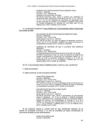 A Lei n. 8.666/93 e sua aplicação pelo Tribunal de Contas do Estado de Santa Catarina
68
AUSÊNCIA DOS CERTIFICADOS DE REGULARIDADE FISCAL
Acórdão n. 1565/2008
Processo n. ALC - 06/00568199
Gabinete do Vice-Governador do Estado
R$ 600,00 (seiscentos reais), devido à ausência dos certificados de
regularidade fiscal, configurando inobservância aos arts. 27, IV, e 29, III e
IV, c/c o art. 55, XIII (obrigação de manutenção da regularidade fiscal
durante a execução do contrato), da Lei (federal) n. 8.666/93, relativamente
ao Contrato Emergencial s/n, assinado em 16.07.2005 (item II.10 do
Relatório DLC). DOTC 129/2008, de 04/11/2008.
V – cumprimento do disposto no inciso XXXIII do art. 7º da Constituição Federal. (Incluído pela
Lei nº 9.854, de 1999)
DECLARAÇÃO DE NÃO-CONTRATAÇÃO DE MENOR DE IDADE
Acórdão n. 0656/2008
Processo n. SLC - 07/00114190
Santa Catarina Turismo S.A. - SANTUR
R$ 1.000,00 (mil reais), em razão da ausência de declaração conforme o
inciso V do art. 27 Lei (federal) n. 8.666/93, em todos os processos de
inexigibilidade de licitação. DOTC 10/2008, de 16/05/2008.
AUSÊNCIA DE CERTIDÃO DE QUE A LICITANTE NÃO EMPREGA
MENORES
Acórdão n. 1200/2008
Processo n. ALC - 05/04193155
Fundação Municipal de Desenvolvimento Rural 25 de Julho, de Joinville
R$ 400,00 (quatrocentos reais), em razão da ausência de exigência de
certidão comprobatória do cumprimento da Constituição Federal, art. 7º,
XXXIII, em todos os processos analisados (Convites ns. 01 a 05), em
inobservância ao art. 27, V, da Lei (federal) n. 8.666/93 (item IV.1.4 do
Relatório DMU). DOTC 72/2008, de 14/08/2008.
Art. 28. A documentação relativa à habilitação jurídica, conforme o caso, consistirá em:
I - cédula de identidade;
II - registro comercial, no caso de empresa individual;
HABILITAÇÃO IRREGULAR
Acórdão n. 0656/2008
Processo n. SLC - 07/00114190
Santa Catarina Turismo S.A. – SANTUR
R$ 1.000,00 ( mil reais), em face da habilitação jurídica em desacordo com
incisos II e III do art. 28 da Lei (federal) n. 8.666/93, em todos os processos
de inexigibilidade de licitação. DOTC 10/2008, de 16/05/2008.
DOCUMENTAÇÃO RELATIVA À HABILITAÇÃO
Acórdão n. 1583/2008
Processo n. SLC - 07/00114009
Santa Catarina Turismo S.A. - SANTUR
R$ 600,00 (seiscentos reais), devido à apresentação de documentação
relativa à Habilitação - art. 27 da Lei (federal) n. 8.666/93 (habilitação
jurídica, qualificação técnica, qualificação econômica e declaração relativa a
trabalho de menores), nas Inexigibilidades de Licitação ns. 24 e 26 a
29/2006, em desacordo com o que preceituam os arts. 28, II e III, 30, II, 31
e 27, V, da Lei (federal) n. 8.666/93 (itens 2.1 a 2.4 do Relatório DLC).
DOTC 132/2008, de 07/11/2008.
III - ato constitutivo, estatuto ou contrato social em vigor, devidamente registrado, em se
tratando de sociedades comerciais, e, no caso de sociedades por ações, acompanhado de
documentos de eleição de seus administradores;
HABILITAÇÃO IRREGULAR
Acórdão n. 0656/2008
 