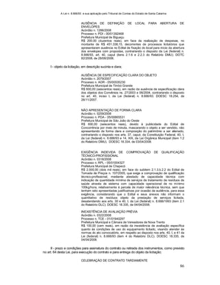 A Lei n. 8.666/93 e sua aplicação pelo Tribunal de Contas do Estado de Santa Catarina
86
AUSÊNCIA DE DEFINIÇÃO DE LOCAL PARA ABERTURA DE
ENVELOPES
Acórdão n. 1286/2008
Processo n. PDI - 00/01392468
Prefeitura Municipal de Biguaçu
R$ 200,00 (duzentos reais), em face da realização de despesas, no
montante de R$ 451.338,15, decorrentes de processos licitatórios que
apresentaram ausência no Edital de fixação do local para início da abertura
dos envelopes com propostas, contrariando o disposto da Lei (federal) n.
8.666/93, art. 40, caput (itens 2.1.6 e 2.2.3 do Relatório DMU). DOTC
82/2008, de 28/08/2008.
I - objeto da licitação, em descrição sucinta e clara;
AUSÊNCIA DE ESPECIFICAÇÃO CLARA DO OBJETO
Acórdão n. 2079/2007
Processo n. AOR - 05/00535230
Prefeitura Municipal de Timbó Grande
R$ 600,00 (seiscentos reais), em razão da ausência de especificação clara
dos objetos dos Convênios ns. 27/2003 e 06/2004, contrariando o disposto
no art. 40, inciso I, da Lei (federal) n. 8.666/93. DOESC 18.254, de
26/11/2007.
NÃO APRESENTAÇÃO DE FORMA CLARA
Acórdão n. 0259/2008
Processo n. PDA - 05/00865531
Prefeitura Municipal de São João do Oeste
R$ 600,00 (seiscentos reais), devido à publicidade do Edital de
Concorrência por meio de minuta, mascarando o objeto a ser vendido, não
apresentando de forma clara a composição do patrimônio a ser alienado,
contrariando o disposto nos arts. 37, caput, da Constituição Federal, 40, I,
da Lei (federal) n. 8.666/93 e 14, XIX, da Lei Orgânica Municipal (item 1.2
do Relatório DMU). DOESC 18.334, de 03/04/2008.
EXIGÊNCIA INDEVIDA DE COMPROVAÇÃO DE QUALIFICAÇÃO
TÉCNICO-PROFISSIONAL
Acórdão n. 0318/2008
Processo n. RPL - 05/01004327
Prefeitura Municipal de Chapecó
R$ 2.000,00 (dois mil reais), em face do subitem 2.1.3.b.2.2 do Edital de
Tomada de Preços n. 107/2005, que exige a comprovação de qualificação
técnico-profissional, mediante atestado de capacidade técnica com
indicação de quantidade mínima de serviços de tratamento de resíduos de
saúde através de sistema com capacidade operacional de no mínimo
100kg/hora, relativamente à parcela de maior relevância técnica, sem que
tenham sido apresentadas justificativas por ocasião da audiência, para essa
exigência, considerando que o Edital e seus anexos não informam o
quantitativo de resíduos objeto da prestação de serviços licitada,
desatendendo aos arts. 30 e 40, I, da Lei (federal) n. 8.666/1993 (item 2.1
do Relatório DLC). DOESC 18.335, de 04/04/2008.
INEXISTÊNCIA DE AVALIAÇÃO PRÉVIA
Acórdão n. 0322/2008
Processo n. TCE - 01/01940297
Prefeitura Municipal e Câmara de Vereadores de Nova Trento
R$ 100,00 (cem reais), em razão da inexistência de avaliação específica
quanto às condições de uso do equipamento licitado, visando atender às
normas do ato convocatório, em respeito ao disposto nos arts. 40, I, e 41 da
Lei (federal) n. 8.666/93 (item 4 do Relatório DLC). DOESC 18.335, de
04/04/2008.
II - prazo e condições para assinatura do contrato ou retirada dos instrumentos, como previsto
no art. 64 desta Lei, para execução do contrato e para entrega do objeto da licitação;
CELEBRAÇÃO DE CONTRATO TARDIAMENTE
 