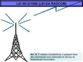 Art. 12. É vedada a transferência, a qualquer título,
das autorizações para exploração do Serviço de
Radiodifusão Comunitária.
LEI 9612/1998 (LEI DA RADCOM)
 