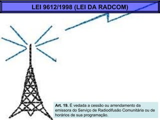 Art. 19. É vedada a cessão ou arrendamento da
emissora do Serviço de Radiodifusão Comunitária ou de
horários de sua programação.
LEI 9612/1998 (LEI DA RADCOM)
 