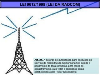 Art. 24. A outorga de autorização para execução do
Serviço de Radiodifusão Comunitária fica sujeita a
pagamento de taxa simbólica, para efeito de
cadastramento, cujo valor e condições serão
estabelecidos pelo Poder Concedente.
LEI 9612/1998 (LEI DA RADCOM)
 