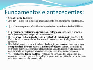 Fundamentos e antecedentes:
 Constituição Federal:
 Art. 225 - Todos têm direito ao meio ambiente ecologicamente equilibrado...
 § 1º - Para assegurar a efetividade desse direito, incumbe ao Poder Público:
 I - preservar e restaurar os processos ecológicos essenciais e prover o
manejo ecológico das espécies e ecossistemas;
 II - preservar a diversidade e a integridade do patrimônio genético do
País e fiscalizar as entidades dedicadas à pesquisa e manipulação de material
genético;
 III - definir, em todas as unidades da Federação, espaços territoriais e seus
componentes a serem especialmente protegidos, sendo a alteração e a
supressão permitidas somente através de lei, vedada qualquer utilização que
comprometa a integridade dos atributos que justifiquem sua proteção;
 VII - proteger a fauna e a flora, vedadas, na forma da lei, as práticas que
coloquem em risco sua função ecológica, provoquem a extinção de espécies ou
submetam os animais a crueldade
 