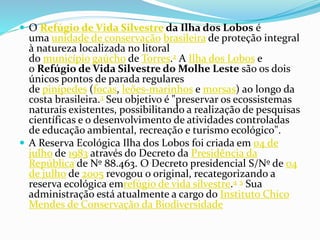  O Refúgio de Vida Silvestre da Ilha dos Lobos é
uma unidade de conservação brasileira de proteção integral
à natureza localizada no litoral
do município gaúcho de Torres.2 A Ilha dos Lobos e
o Refúgio de Vida Silvestre do Molhe Leste são os dois
únicos pontos de parada regulares
de pinípedes (focas, leões-marinhos e morsas) ao longo da
costa brasileira.3 Seu objetivo é "preservar os ecossistemas
naturais existentes, possibilitando a realização de pesquisas
científicas e o desenvolvimento de atividades controladas
de educação ambiental, recreação e turismo ecológico".
 A Reserva Ecológica Ilha dos Lobos foi criada em 04 de
julho de 1983 através do Decreto da Presidência da
República de Nº 88.463. O Decreto presidencial S/Nº de 04
de julho de 2005 revogou o original, recategorizando a
reserva ecológica emrefúgio de vida silvestre.4 5 Sua
administração está atualmente a cargo do Instituto Chico
Mendes de Conservação da Biodiversidade
 