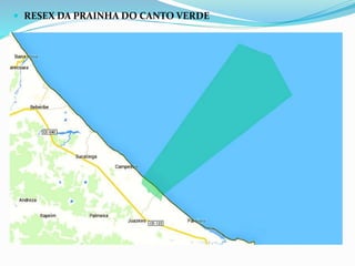  RESEX DA PRAINHA DO CANTO VERDE
 Categoria:
Reserva Extrativista
Grupo:
Uso sustentável
Data da criação: 05/06/2009
 Área do polígono (km²):
298,0679
Bioma:
Marinho
 Municípios Abrangidos:
Beberibe – CE
 Objetivos:
Proteger os meios de vida, a cultura e garantir a utilização e a conservação
dos recursos naturais renováveis tradicionalmente utilizados pela
população extrativista da comunidade da Prainha do Canto Verde,
residente na área de abrangência da Reserva e demais populações
habitantes de áreas contíguas.
 Contatos:
Orgão Gestor: Instituto Chico Mendes de Conservação da Biodiversidade
 
