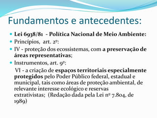 Fundamentos e antecedentes:
 Lei 6938/81 - Política Nacional de Meio Ambiente:
 Princípios, art. 2º:
 IV - proteção dos ecossistemas, com a preservação de
áreas representativas;
 Instrumentos, art. 9º:
VI - a criação de espaços territoriais especialmente
protegidos pelo Poder Público federal, estadual e
municipal, tais como áreas de proteção ambiental, de
relevante interesse ecológico e reservas
extrativistas; (Redação dada pela Lei nº 7.804, de
1989)
 