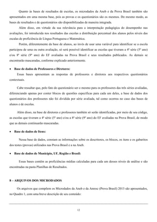 12
Quanto às bases de resultados de escolas, os microdados da Aneb e da Prova Brasil também são
apresentados em uma mesma base, pois as provas e os questionários são os mesmos. Do mesmo modo, as
bases de resultados e de questionários são disponibilizadas de maneira integrada.
Além disso, em virtude da sua relevância para a interpretação pedagógica do desempenho nas
avaliações, foi introduzida nos resultados das escolas a distribuição percentual dos alunos pelos níveis das
escalas de proficiência de Língua Portuguesa e Matemática.
Porém, diferentemente da base de alunos, ao invés de usar uma variável para identificar se a escola
participou de uma ou outra avaliação, só será possível identificar as escolas que tiveram a 4ª série (5º ano)
e/ou 8ª série (9º ano) do EF avaliadas na Prova Brasil e seus resultados publicados. As demais se
encontrarão mascaradas, conforme explicado anteriormente.
• Base de dados de Professores e Diretores:
Essas bases apresentam as respostas de professores e diretores aos respectivos questionários
contextuais.
Cabe ressaltar que, pelo fato do questionário ser o mesmo para os professores das três séries avaliadas,
diferenciando apenas por conter blocos de questões específicas para cada um deles, a base de dados dos
questionários dos professores não foi dividida por série avaliada, tal como ocorreu no caso das bases de
alunos e de escolas.
Além disso, na base de diretores e professores também só serão identificadas, por meio de seu código,
as escolas que tiveram a 4ª série (5º ano) e/ou a 8ª série (9º ano) do EF avaliadas na Prova Brasil, de modo
que as demais continuarão mascaradas.
• Base de dados de Itens:
Nessa base de dados, constam as informações sobre os descritores, os blocos, os itens e os gabaritos
dos testes (provas) utilizados nas Prova Brasil e a na Aneb.
• Base de dados de Município, UF, Região e Brasil:
Essas bases contêm as proficiências médias calculadas para cada um desses níveis de análise e são
encontradas na pasta Planilhas de Resultados.
8 – ARQUIVOS DOS MICRODADOS
Os arquivos que compõem os Microdados da Aneb e da Anresc (Prova Brasil) 2013 são apresentados,
no Quadro 1, com uma breve descrição de seu conteúdo:
 