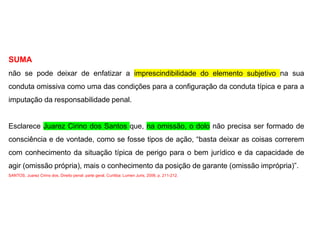 SUMA
não se pode deixar de enfatizar a imprescindibilidade do elemento subjetivo na sua
conduta omissiva como uma das condições para a configuração da conduta típica e para a
imputação da responsabilidade penal.
Esclarece Juarez Cirino dos Santos que, na omissão, o dolo não precisa ser formado de
consciência e de vontade, como se fosse tipos de ação, “basta deixar as coisas correrem
com conhecimento da situação típica de perigo para o bem jurídico e da capacidade de
agir (omissão própria), mais o conhecimento da posição de garante (omissão imprópria)”.
SANTOS, Juarez Cirino dos. Direito penal: parte geral. Curitiba: Lumen Juris, 2006. p. 211-212.
 
