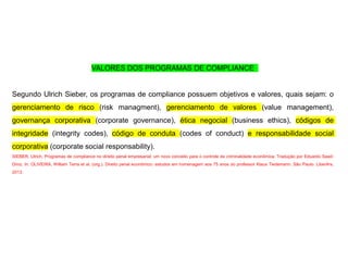 VALORES DOS PROGRAMAS DE COMPLIANCE
Segundo Ulrich Sieber, os programas de compliance possuem objetivos e valores, quais sejam: o
gerenciamento de risco (risk managment), gerenciamento de valores (value management),
governança corporativa (corporate governance), ética negocial (business ethics), códigos de
integridade (integrity codes), código de conduta (codes of conduct) e responsabilidade social
corporativa (corporate social responsability).
SIEBER, Ulrich. Programas de compliance no direito penal empresarial: um novo conceito para o controle da criminalidade econômica. Tradução por Eduardo Saad-
Diniz. In: OLIVEIRA, William Terra et al. (org.). Direito penal econômico: estudos em homenagem aos 75 anos do professor Klaus Tiedemann. São Paulo: LiberArs,
2013.
 