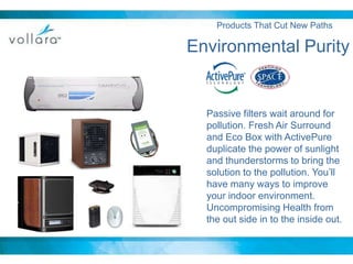 Products That Cut New Paths Environmental Purity Passive filters wait around for pollution. Fresh Air Surround and Eco Box with ActivePure duplicate the power of sunlight and thunderstorms to bring the solution to the pollution. You’ll have many ways to improve your indoor environment. Uncompromising Health from the out side in to the inside out. 
