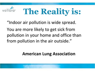 The Reality is: “ Indoor air pollution is wide spread.  You are more likely to get sick from pollution in your home and office than from pollution in the air outside.” American Lung Association   