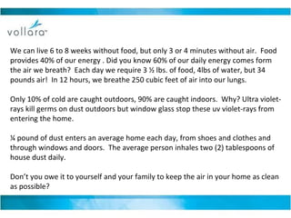 We can live 6 to 8 weeks without food, but only 3 or 4 minutes without air.  Food provides 40% of our energy . Did you know 60% of our daily energy comes form the air we breath?  Each day we require 3 ½ lbs. of food, 4lbs of water, but 34 pounds air!  In 12 hours, we breathe 250 cubic feet of air into our lungs.  Only 10% of cold are caught outdoors, 90% are caught indoors.  Why? Ultra violet-rays kill germs on dust outdoors but window glass stop these uv violet-rays from entering the home. ¼ pound of dust enters an average home each day, from shoes and clothes and through windows and doors.  The average person inhales two (2) tablespoons of house dust daily. Don’t you owe it to yourself and your family to keep the air in your home as clean as possible? 