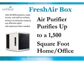 Air Purifier Purifies Up  to a 1,500  Square Foot Home/Office • Kills 99.999% bacteria, mold, viruses, and staff on surfaces • Proven to eliminate smoke & any offensive odors • No expensive filters needed FreshAir Box 
