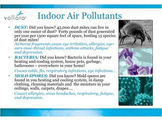 Indoor Air Pollutants DUST:  Did you know? 42,000 dust mites can live in only one ounce of dust?  Forty pounds of dust generated per year per 1500 square feet of space, hosting 15 species of dust mites!  Airborne fragments cause eye irritation, allergies, eye-ears-nose-throat infections, asthma attacks, fatigue and depression. BACTERIA:  Did you know? Bacteria is found in your heating and cooling system, house pets, garbage, bathrooms – everywhere in your home!  Causes colds, flu, respiratory infections, eye infections… MOLD SPORES:  Did you know? Mold spores are found in you heating and cooling system, in damp clothing, cleaning materials and  the moisture in your ceilings, walls, carpets, drapes….   Causes allergies, sinus headaches, respiratory, fatigue, and depression. 