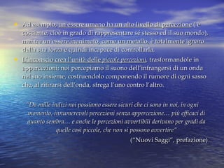 Ad esempio,  un essere umano ha un alto livello di percezione  ( è cosciente, cioè in grado di rappresentare sé stesso ed il suo mondo), mentre un essere inanimato, come un metallo, è totalmente ignaro della sua forza e quindi incapace di controllarla. L’inconscio crea l’unità delle  piccole percezioni ,  trasformandole in appercezioni; noi percepiamo il suono dell’infrangersi di un onda nel suo insieme, costruendolo componendo il rumore di ogni sasso che, al ritirarsi dell’onda, sfrega l’uno contro l’altro. “ Da mille indizi noi possiamo essere sicuri che ci sono in noi, in ogni momento, innumerevoli percezioni senza appercezione… più efficaci di quanto sembra… e anche le percezioni avvertibili derivano per gradi da quelle così piccole, che non si possono avvertire” (“Nuovi Saggi”, prefazione)  